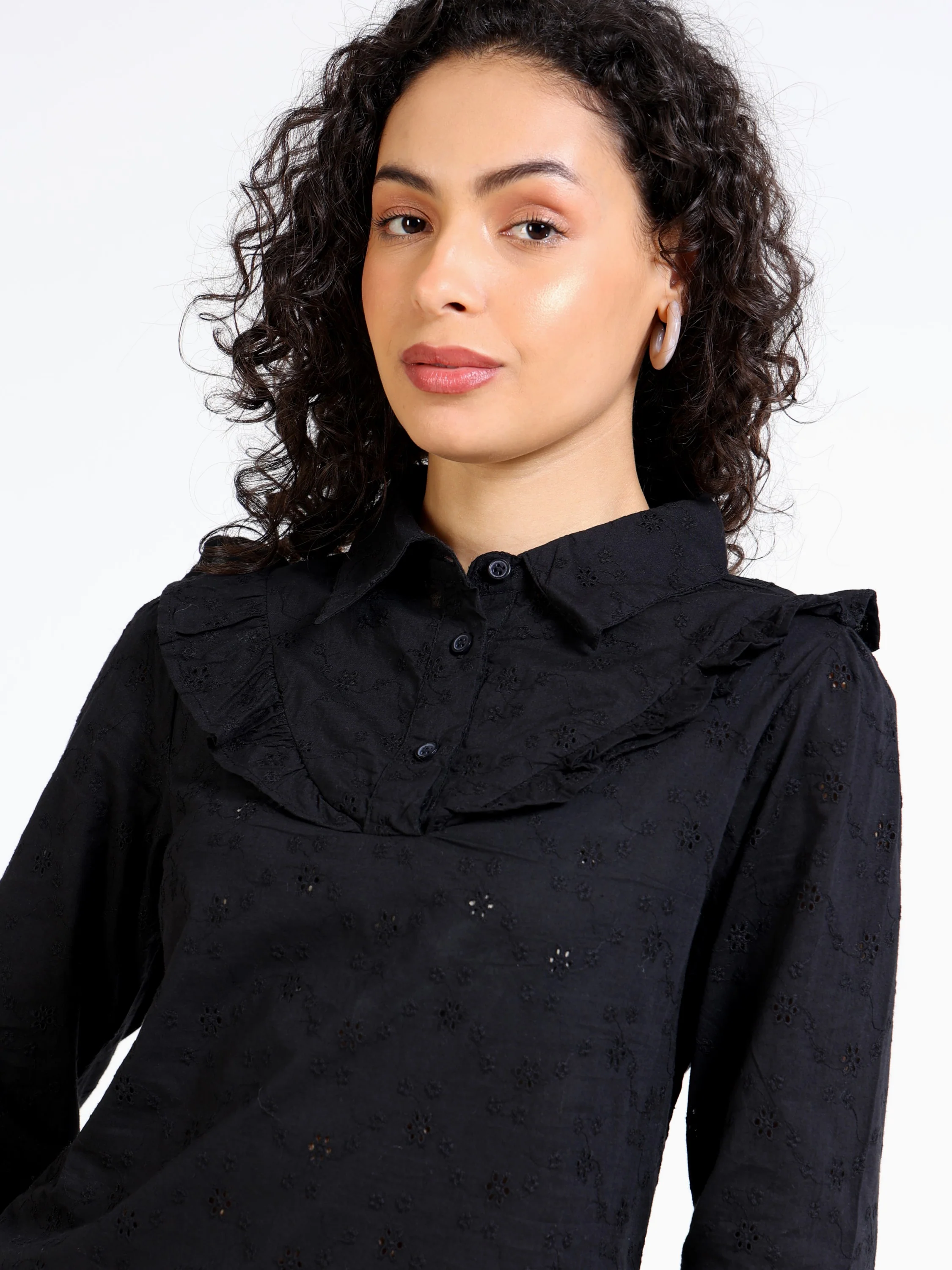 Women Black Frilled Neckline Top - Image 6
