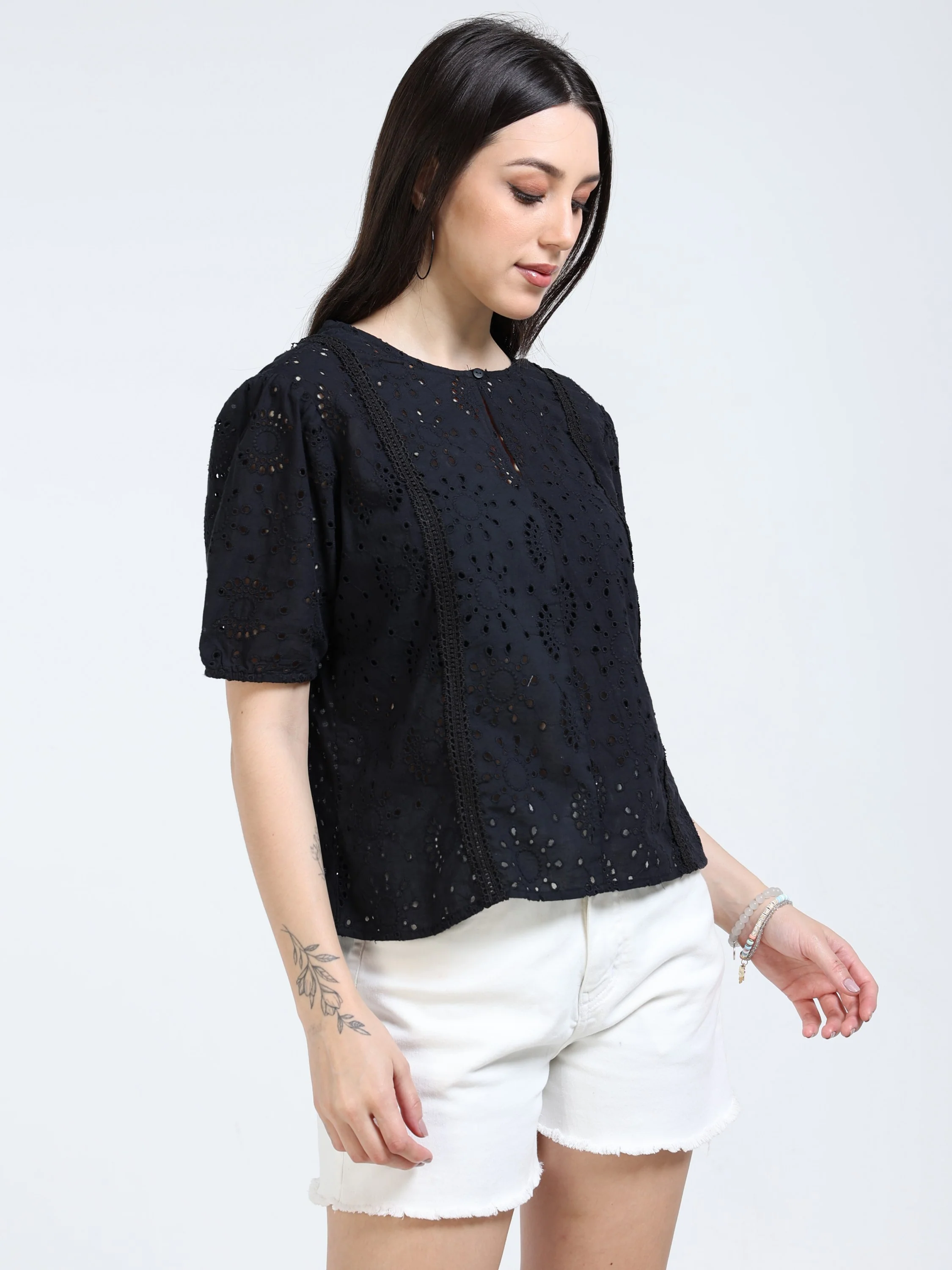 Women Black Shiffli Lace Top - Image 4
