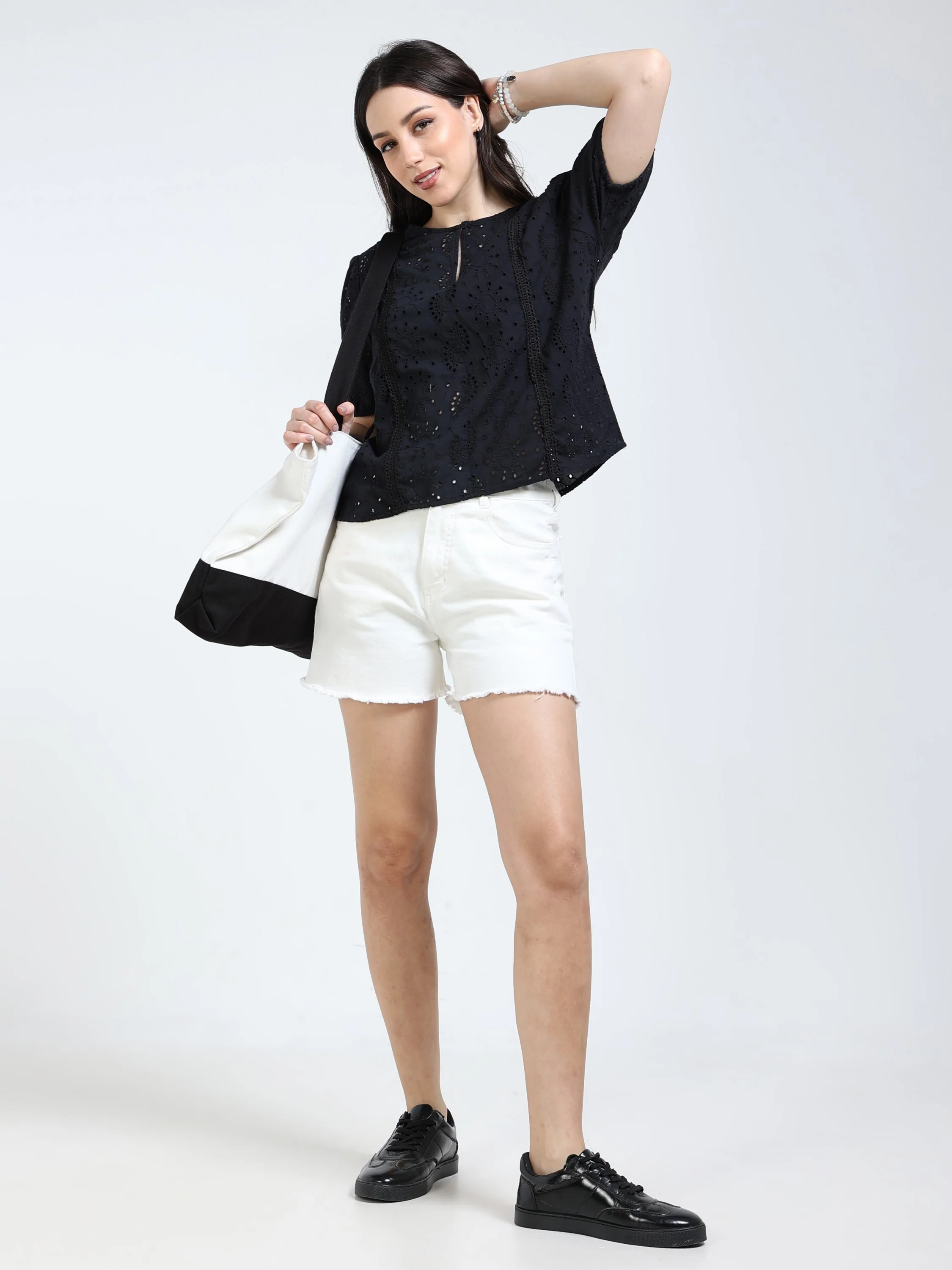 Women Black Shiffli Lace Top - Image 5