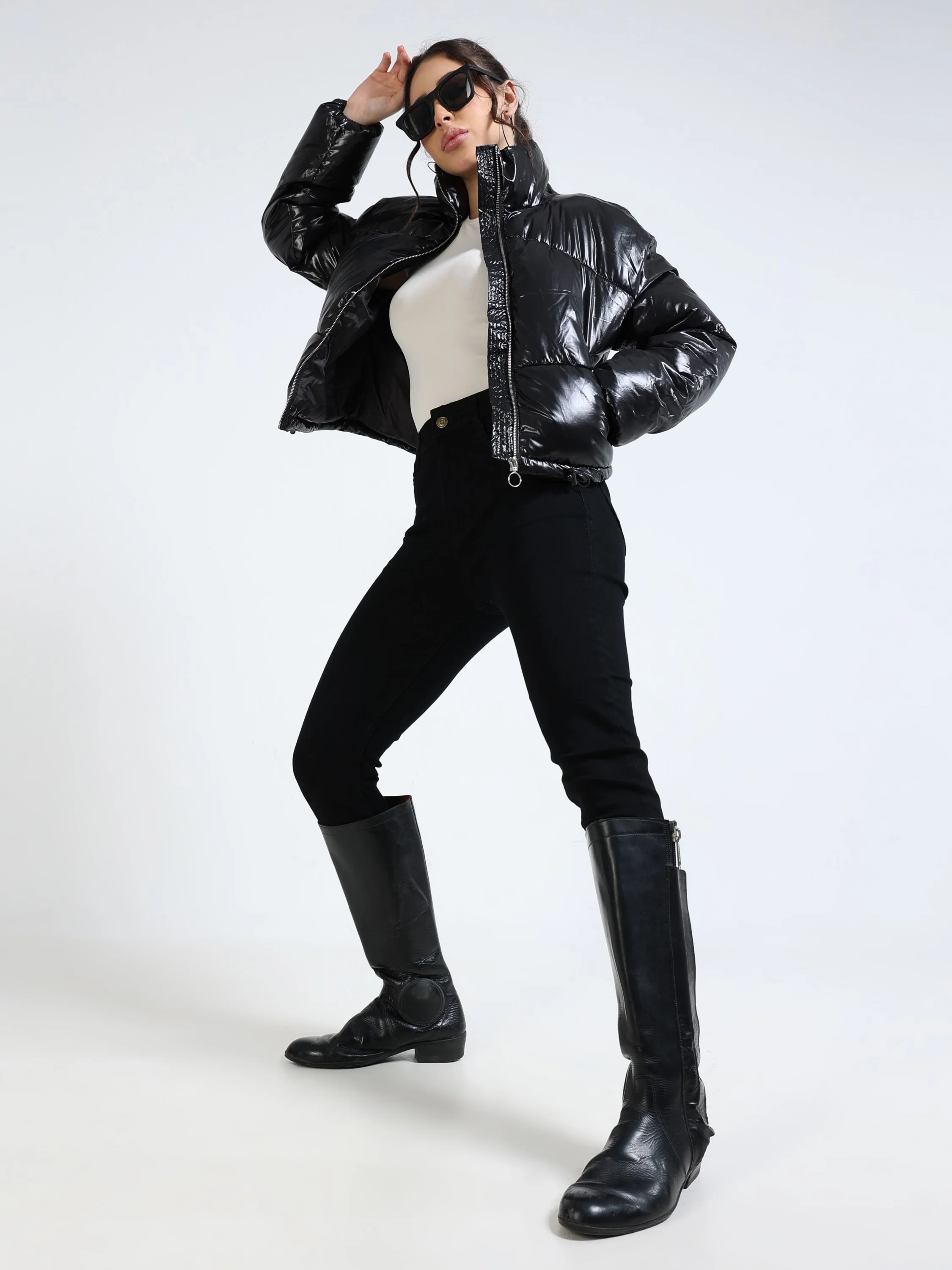 Women Shiny Black Puffer Jacket - Image 5