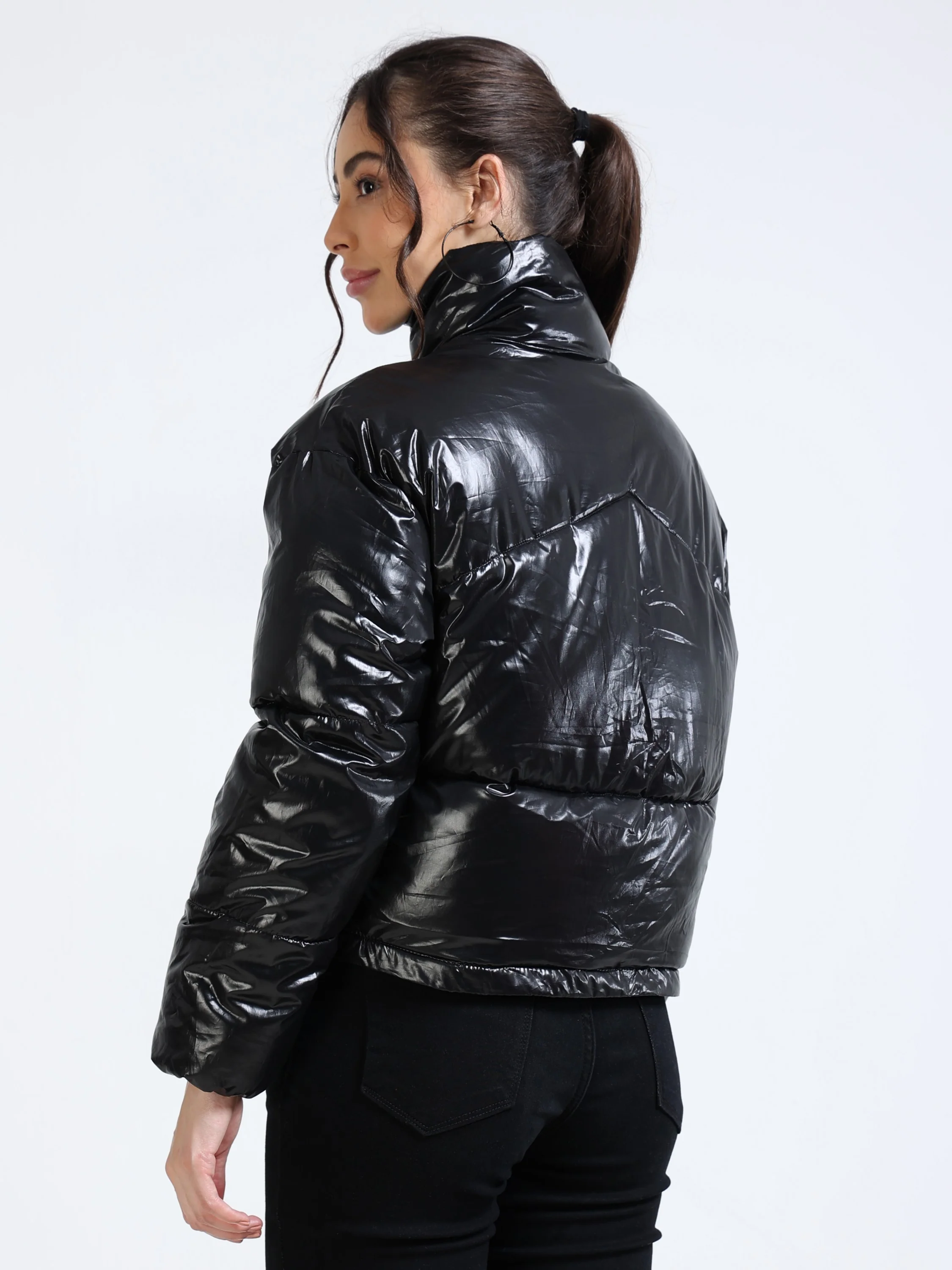 Women Shiny Black Puffer Jacket - Image 6