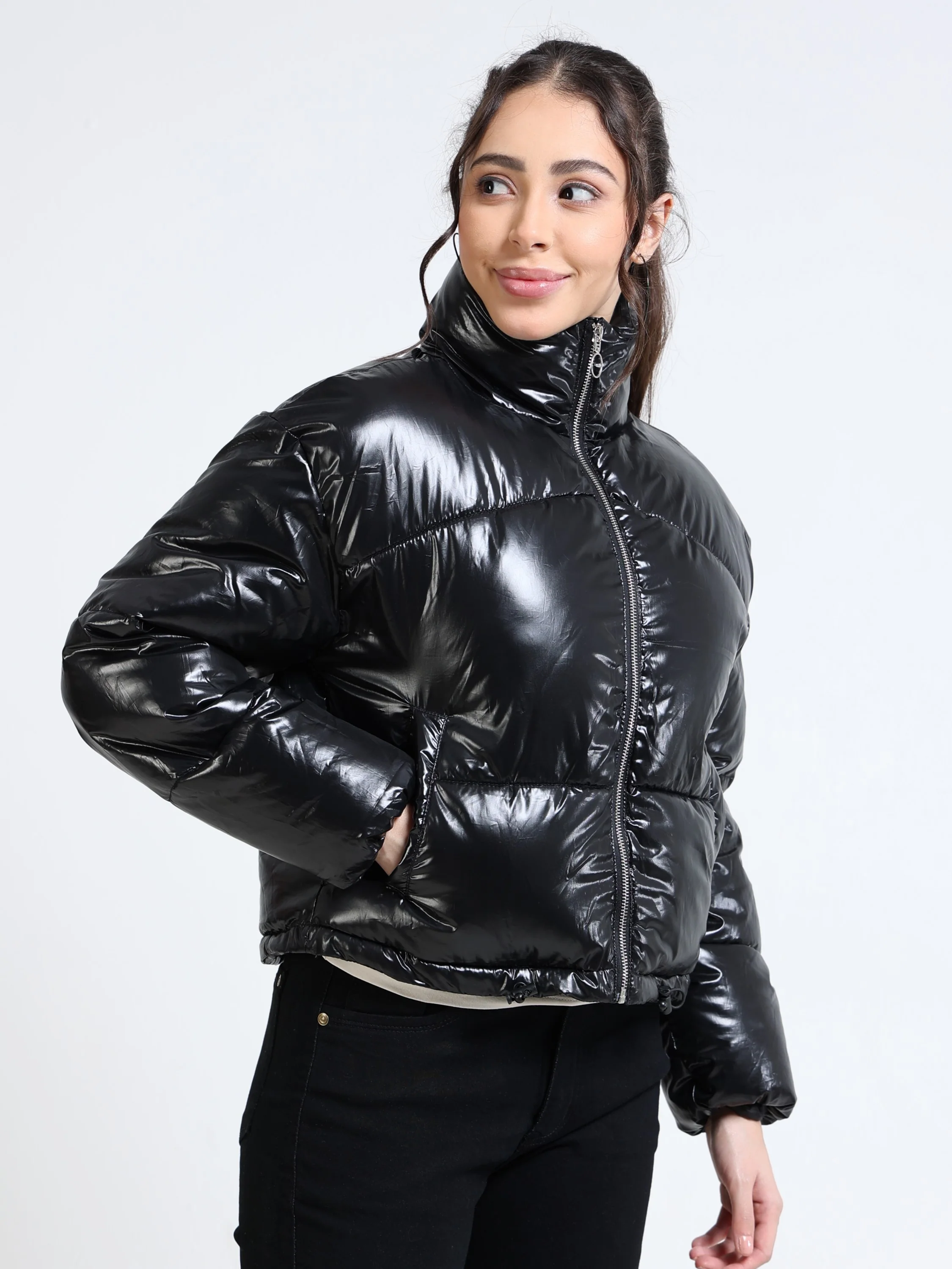 Women Shiny Black Puffer Jacket - Image 7