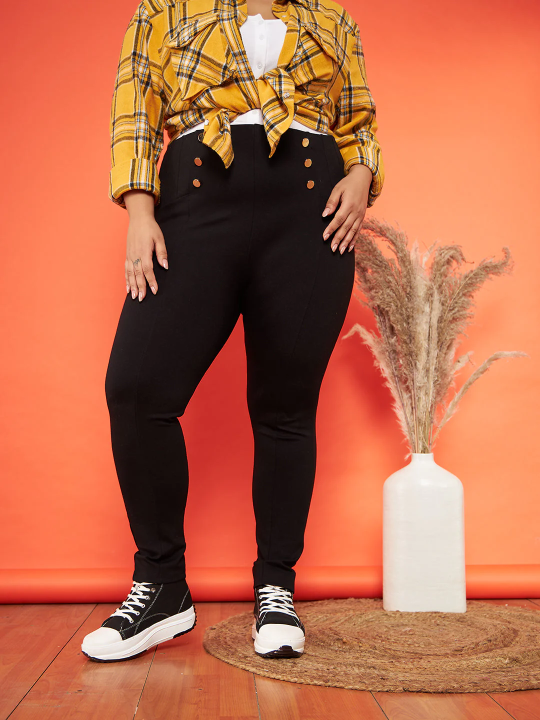 Women Black Show Button High Waist Jeggings - Image 3