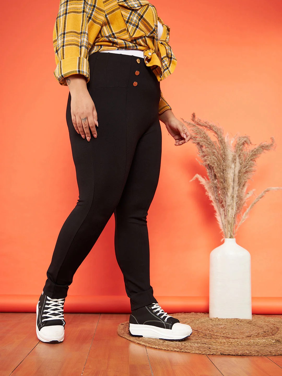 Women Black Show Button High Waist Jeggings - Image 5