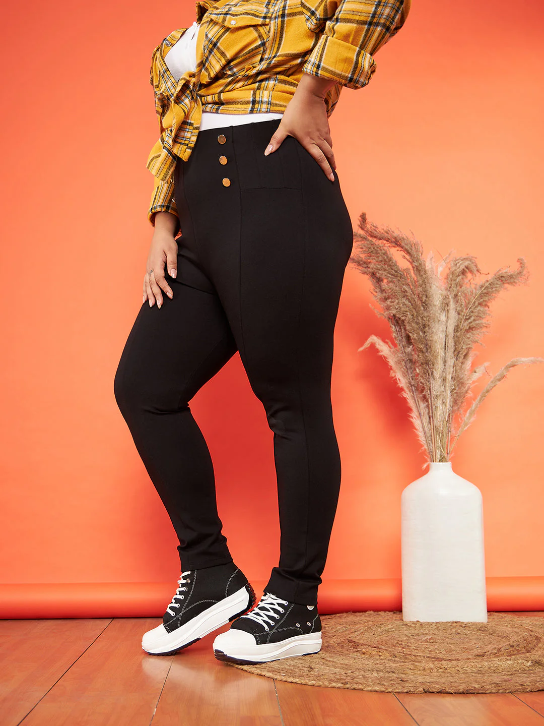 Women Black Show Button High Waist Jeggings - Image 6