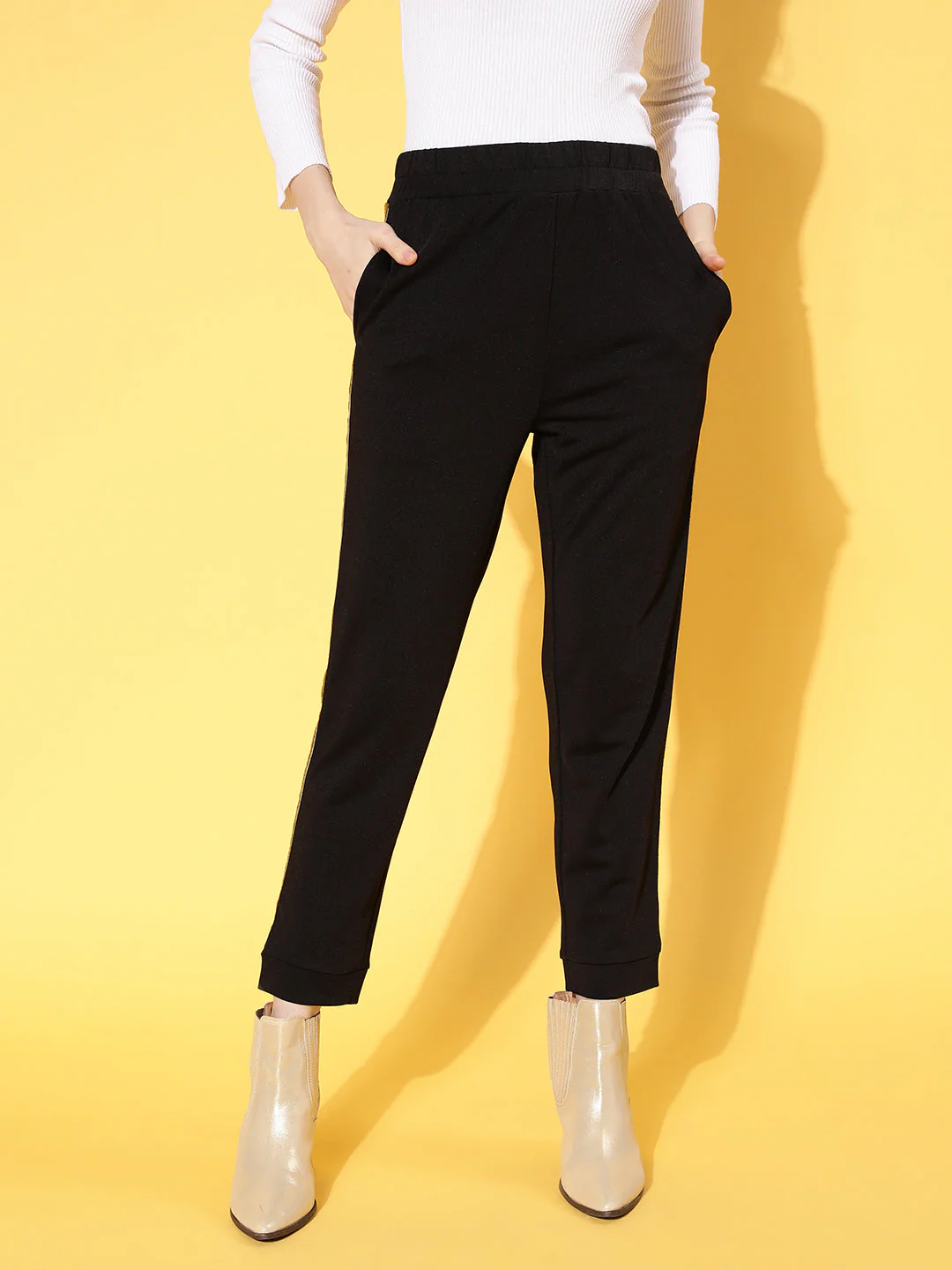 Women Black Side Tape Detail Jogger Pants - Image 3