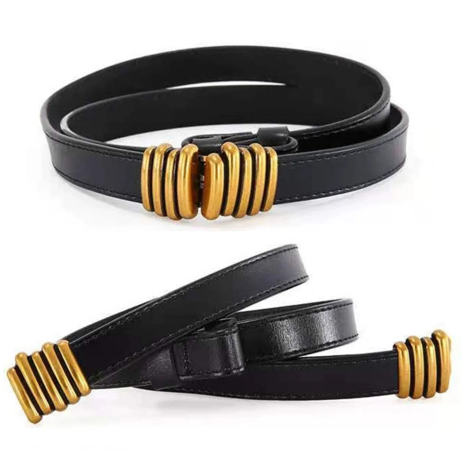 Women Black Sleek Belt With Gold Coil Detailing - Image 2