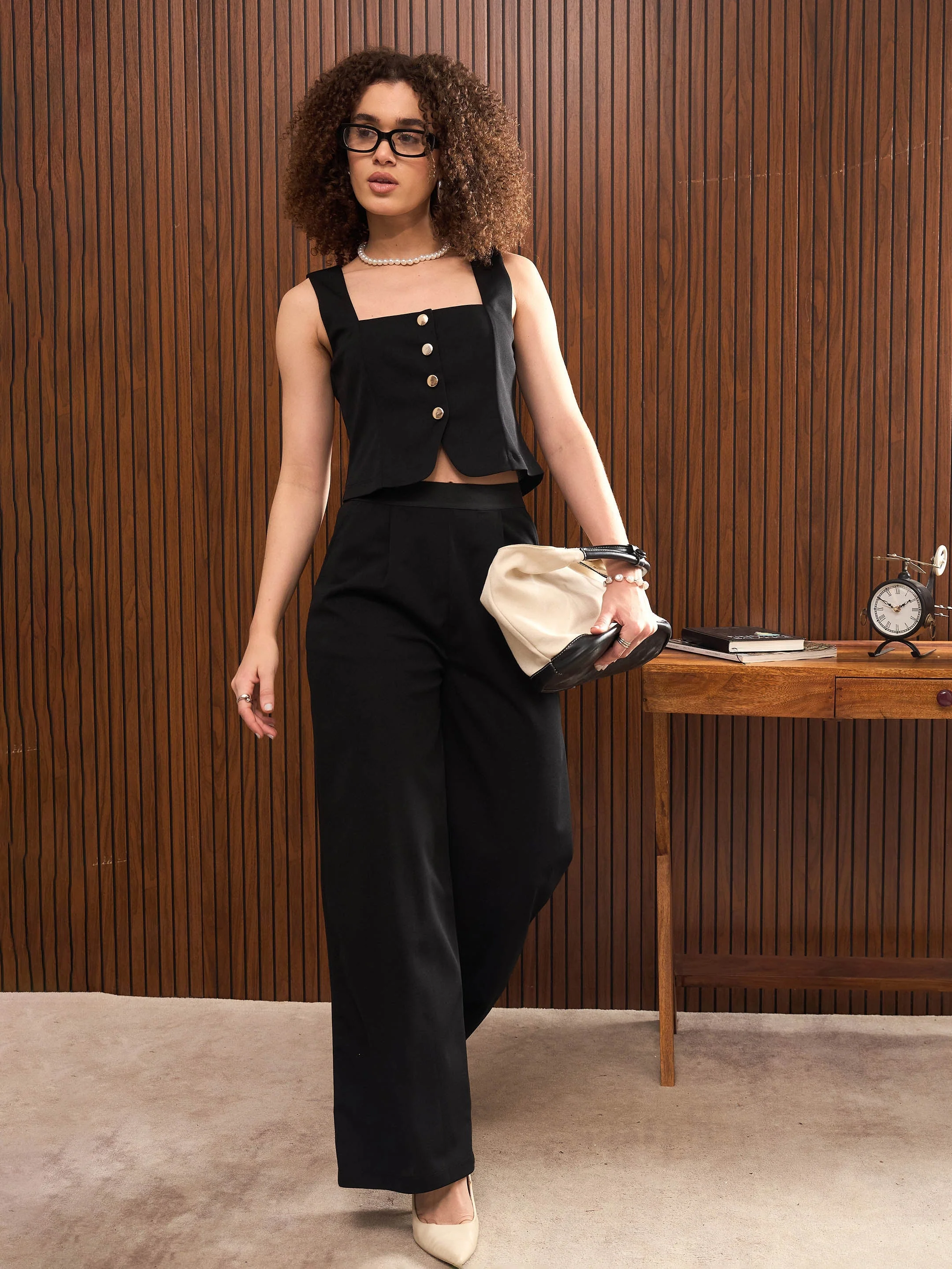 Women Black Sleeveless Button Down Top - Image 2