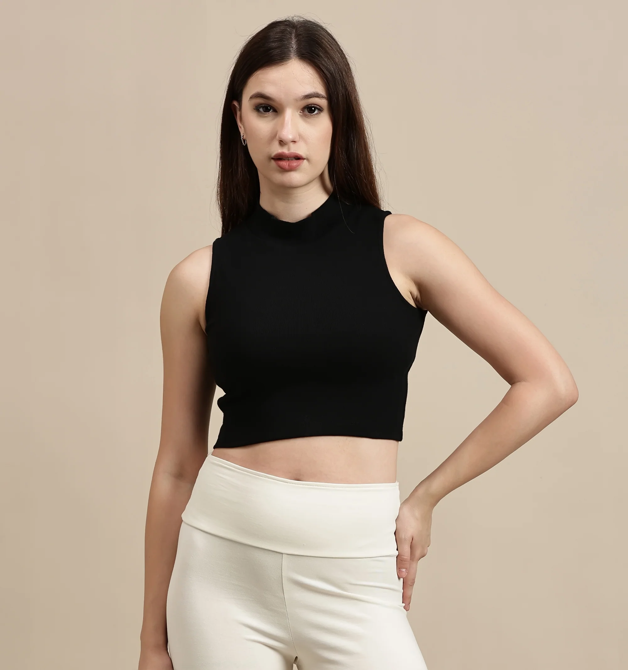 Women Black Sleeveless Crop Top - Image 2