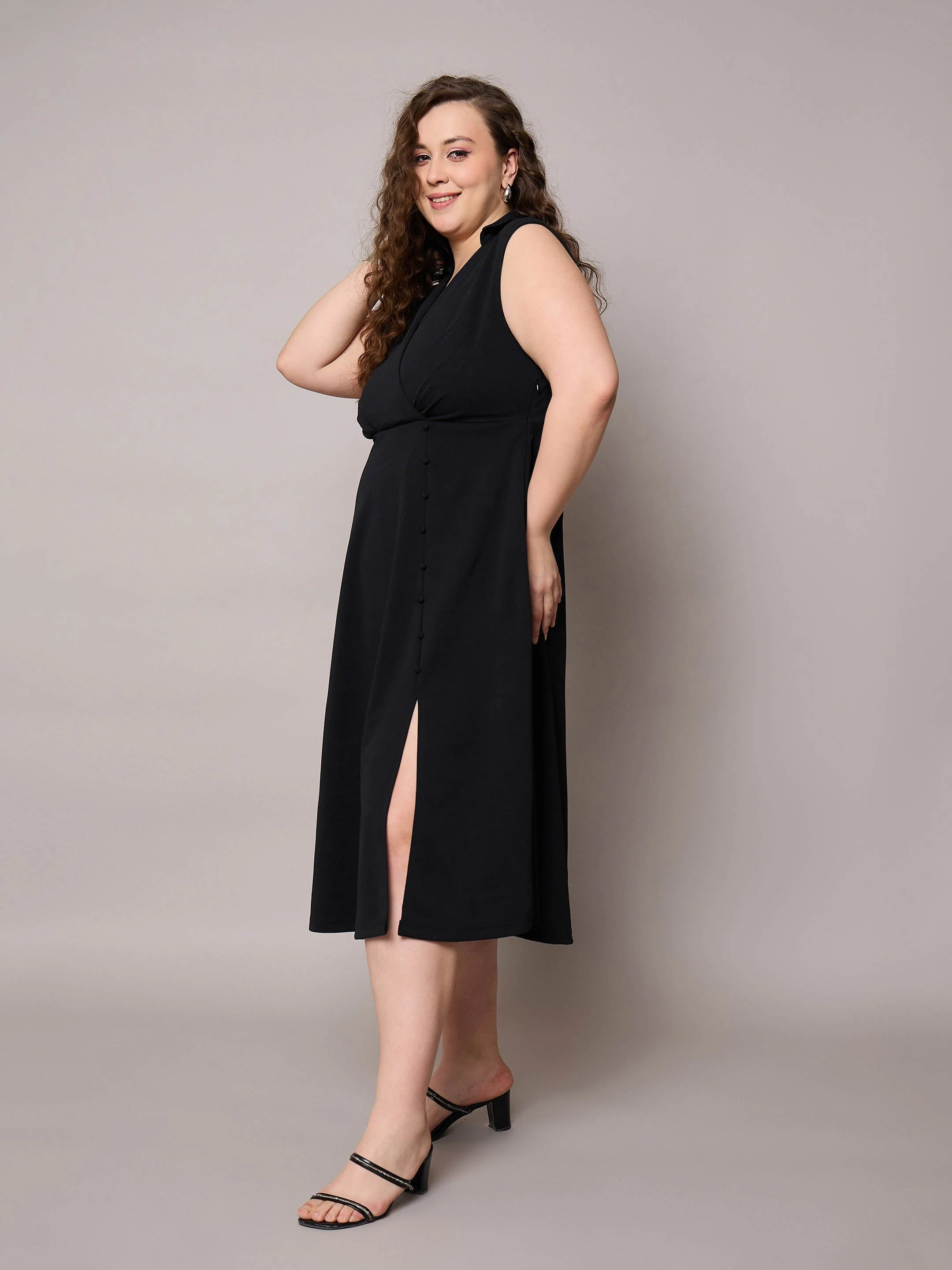 Women Black Sleeveless Side Slit Midi Dress - Image 3