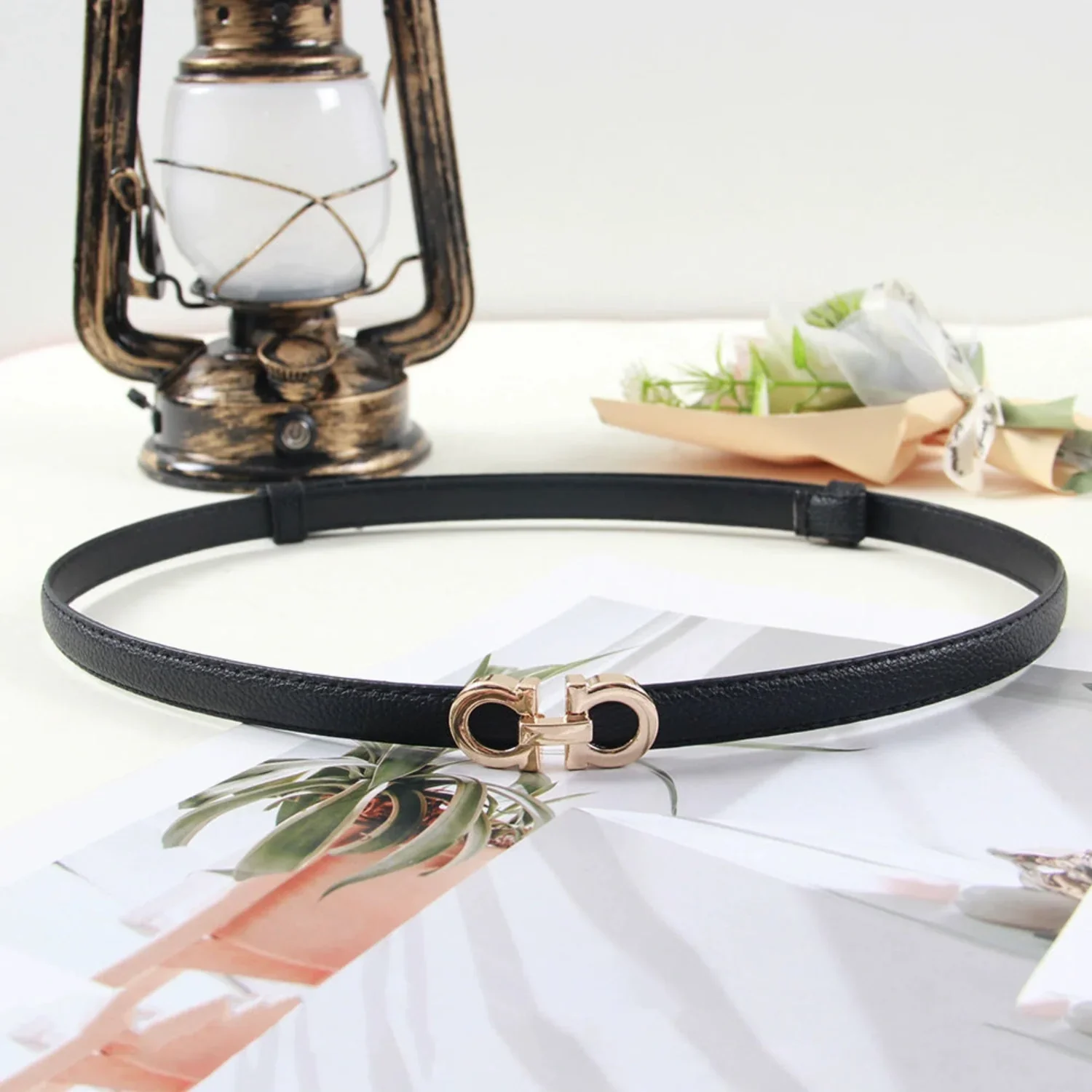 Women Black Slim Black Gancini Buckle Belt - Image 3