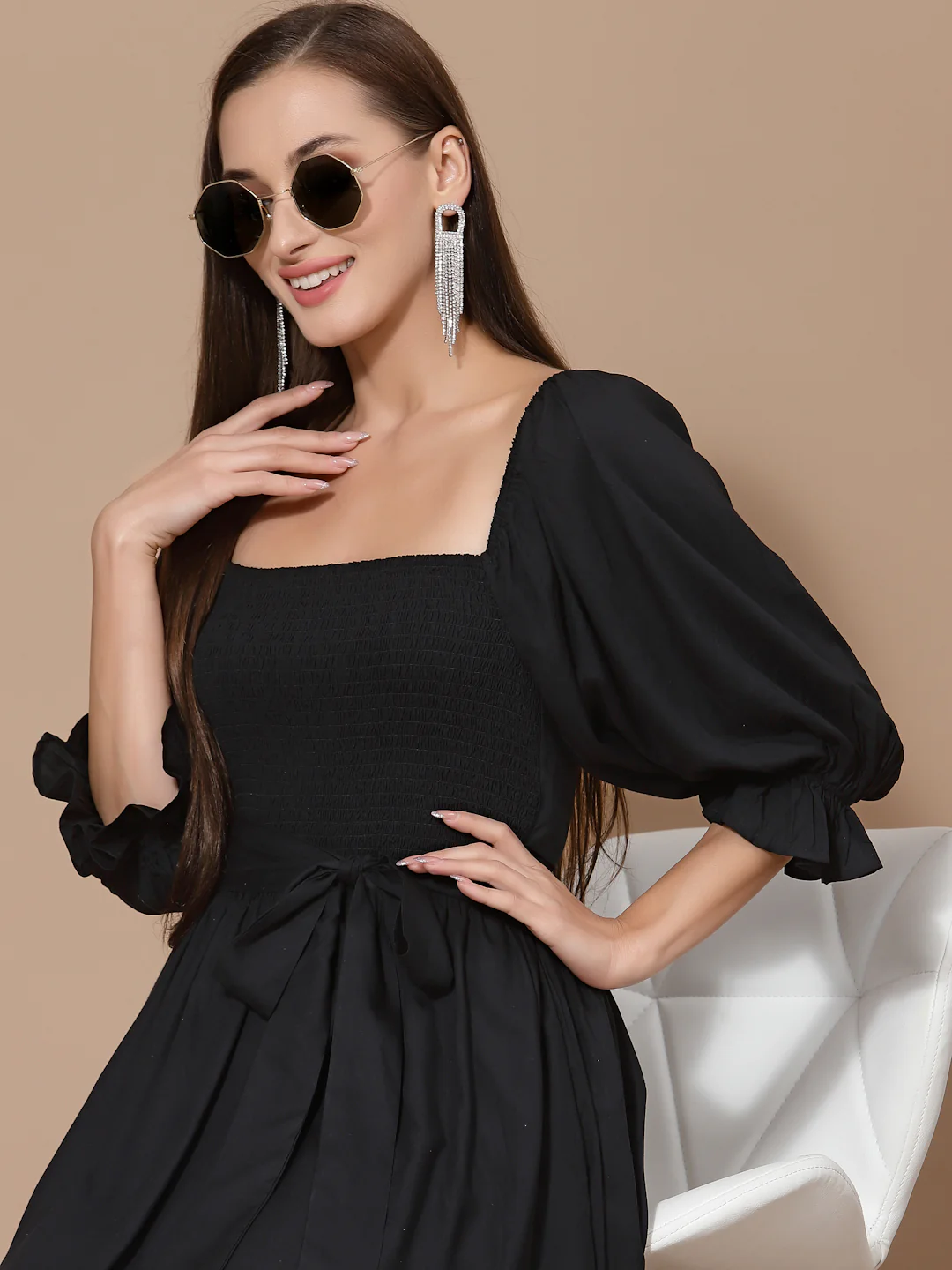 Women Black Smocked Wrap Odour Free Maxi Dress - Image 3