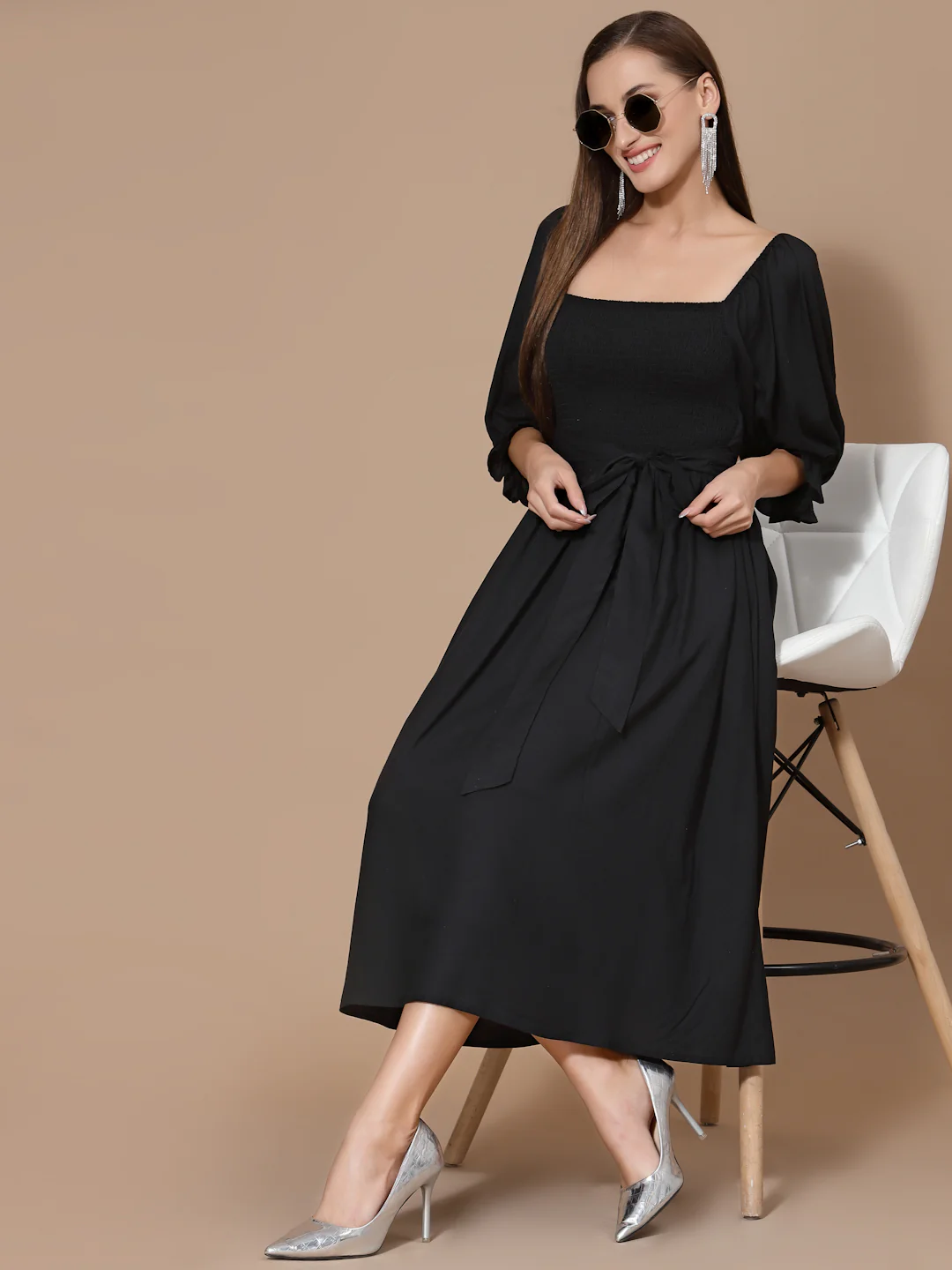 Women Black Smocked Wrap Odour Free Maxi Dress - Image 4