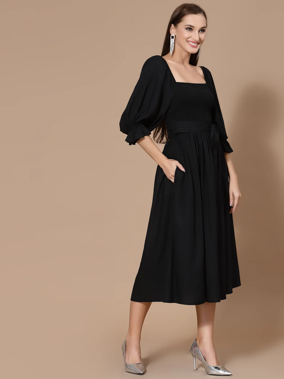 Women Black Smocked Wrap Odour Free Maxi Dress - Image 5