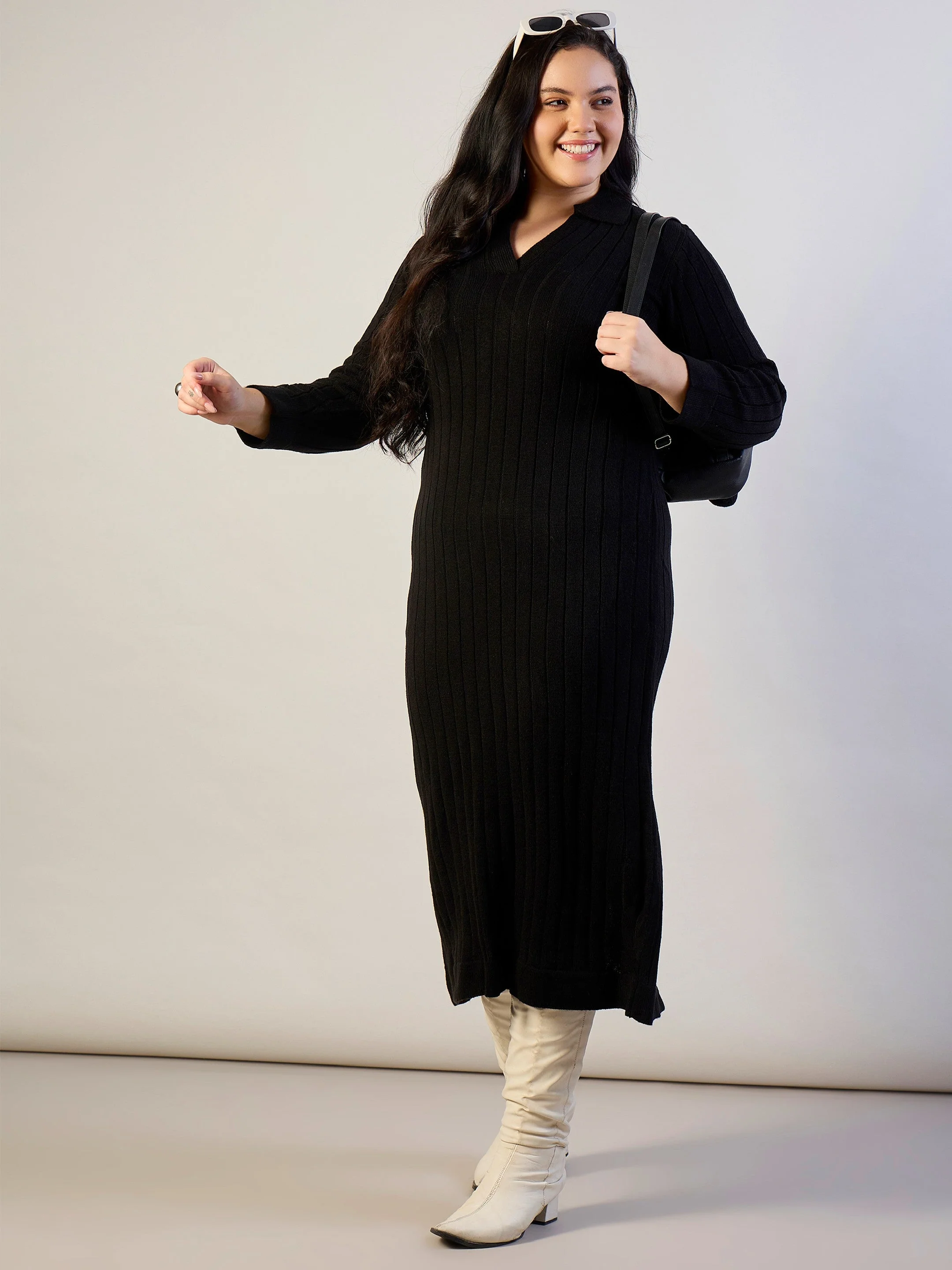 Women Black Solid Acrylic Wool Collar Midi Dress - Image 2