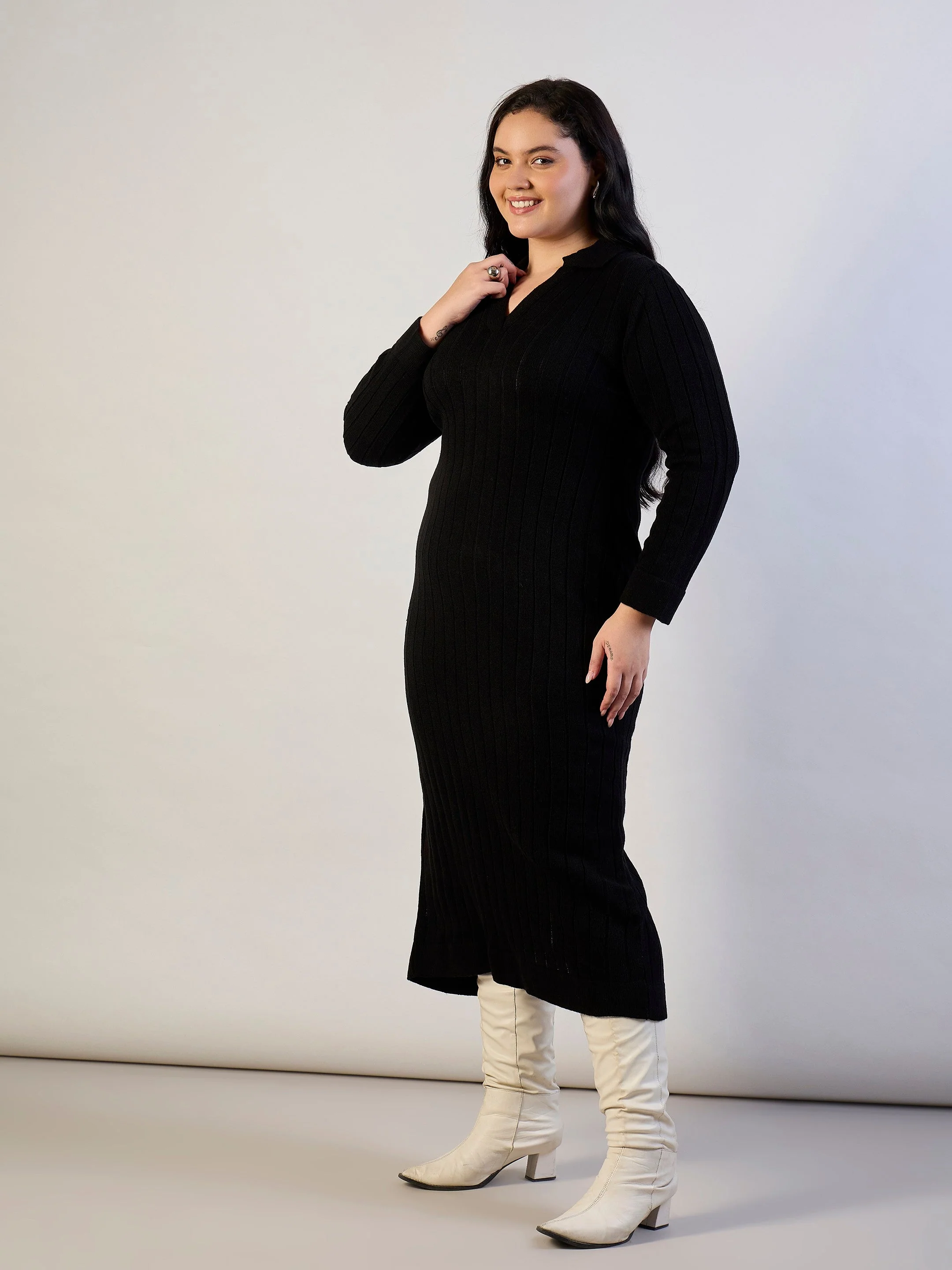 Women Black Solid Acrylic Wool Collar Midi Dress - Image 3
