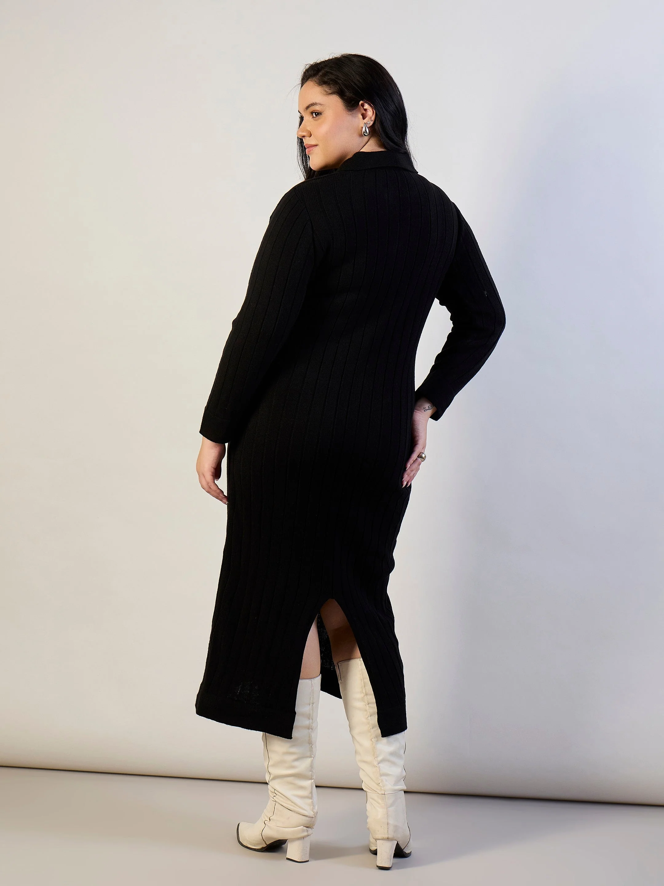 Women Black Solid Acrylic Wool Collar Midi Dress - Image 5