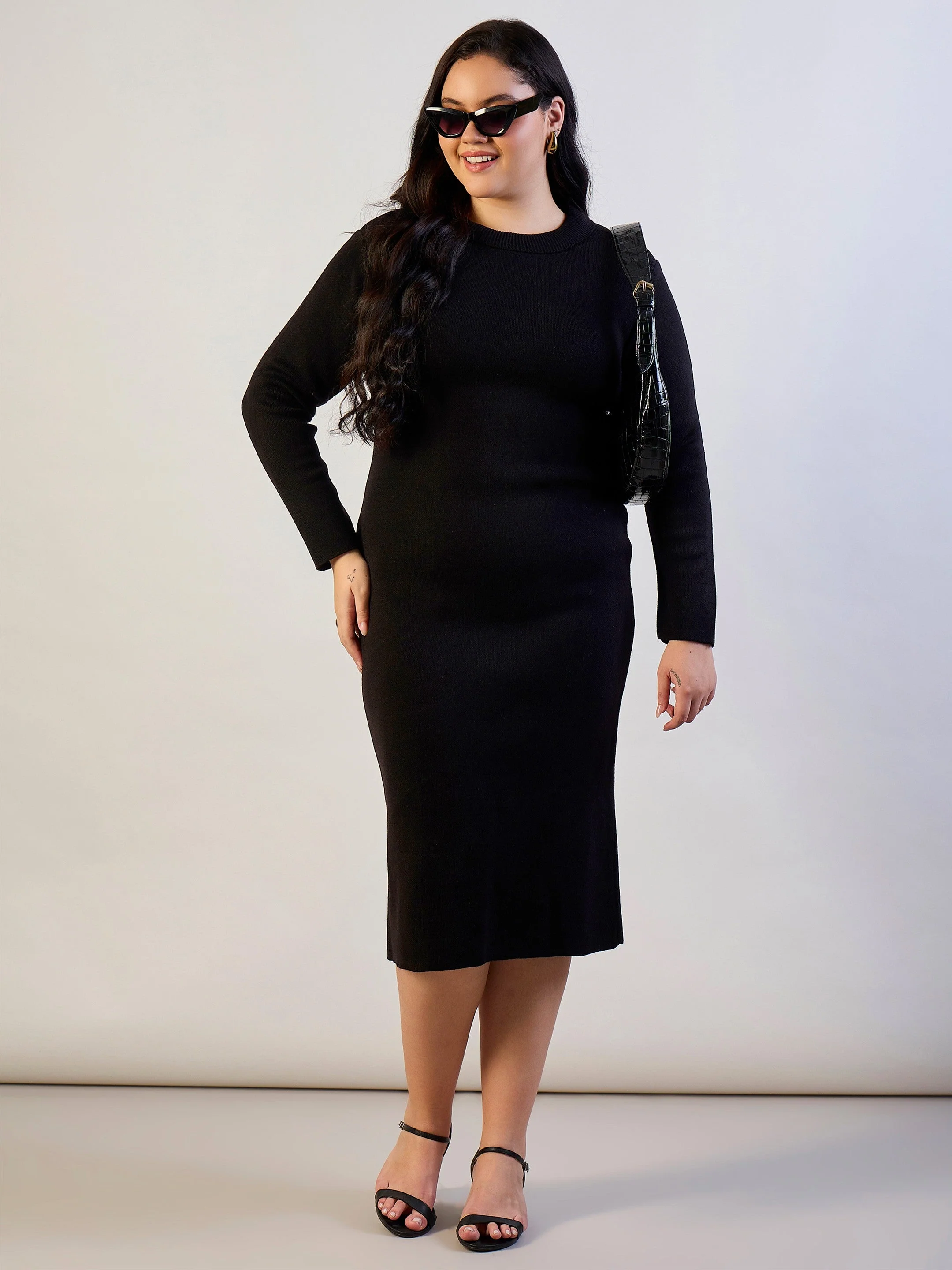 Women Black Solid Acrylic Wool High Neck Midi Dress - Image 2