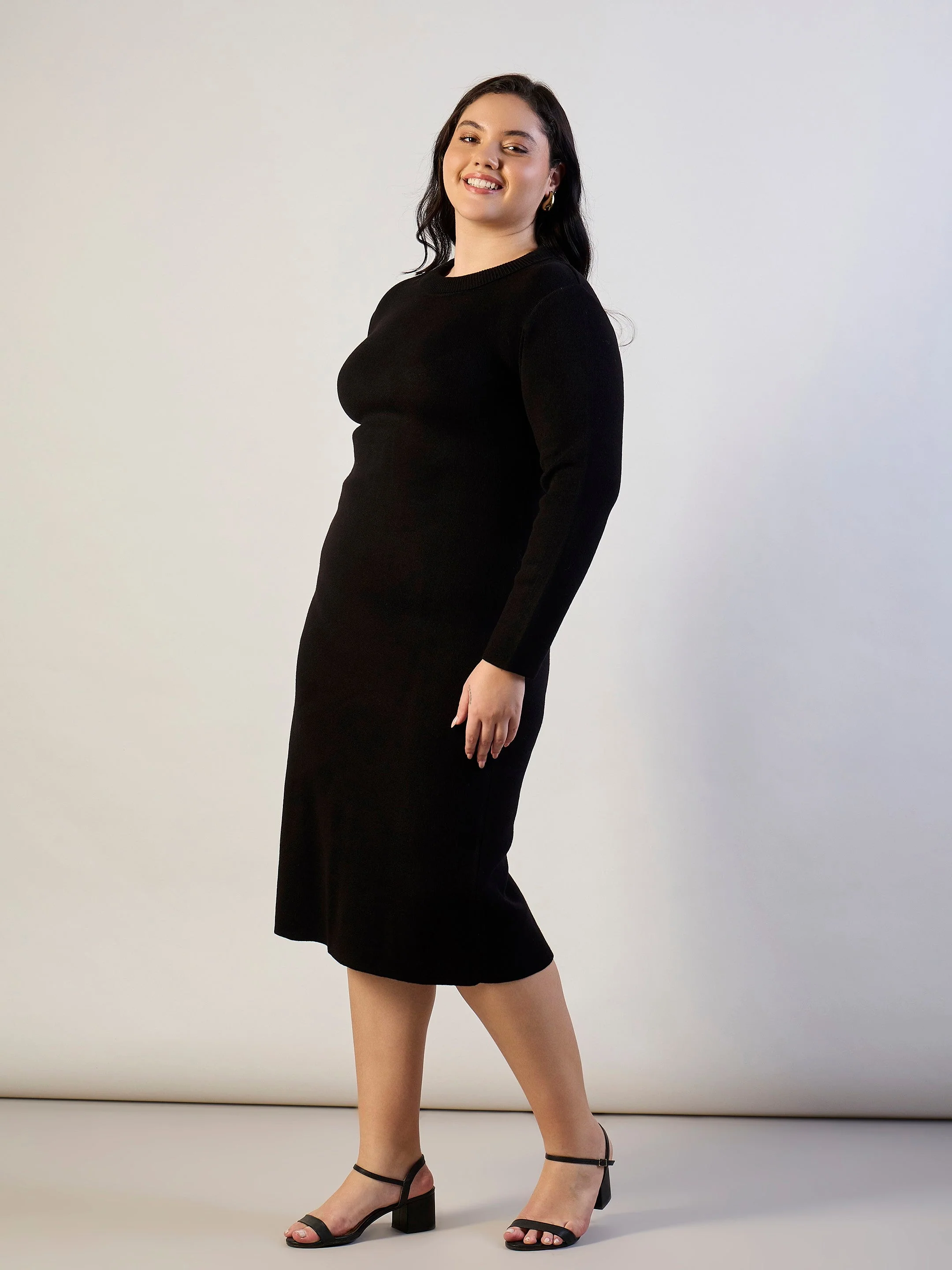 Women Black Solid Acrylic Wool High Neck Midi Dress - Image 3