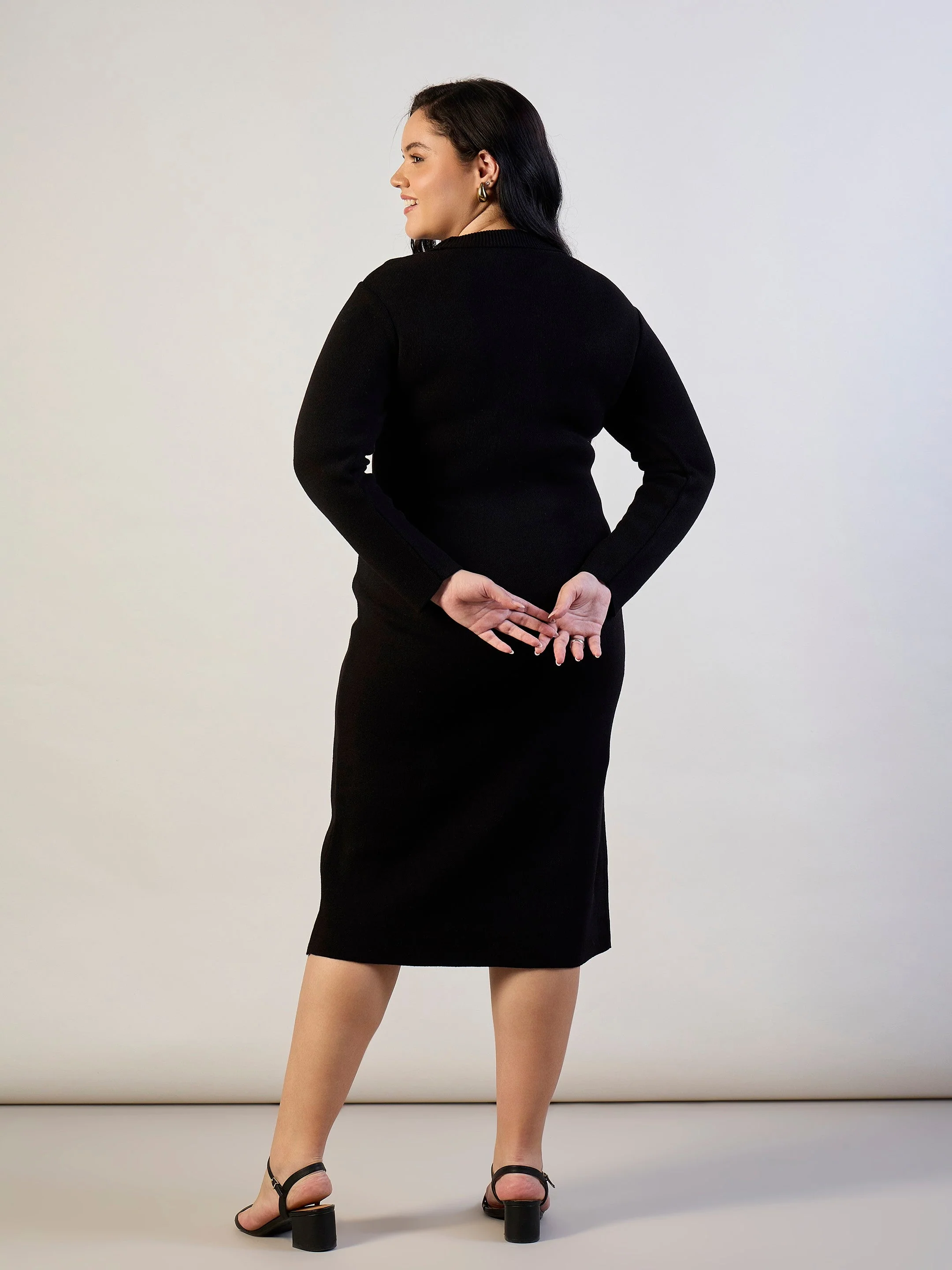 Women Black Solid Acrylic Wool High Neck Midi Dress - Image 5