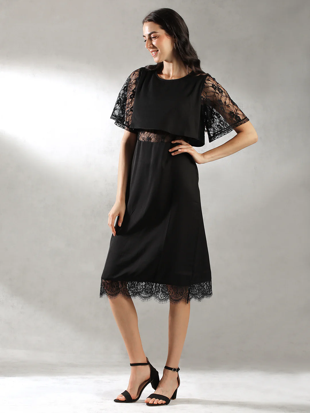 Women Black Lace Details Dress - Image 2