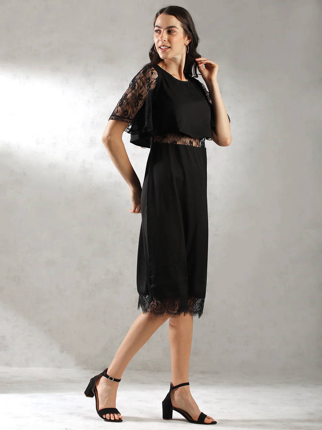 Women Black Lace Details Dress - Image 5