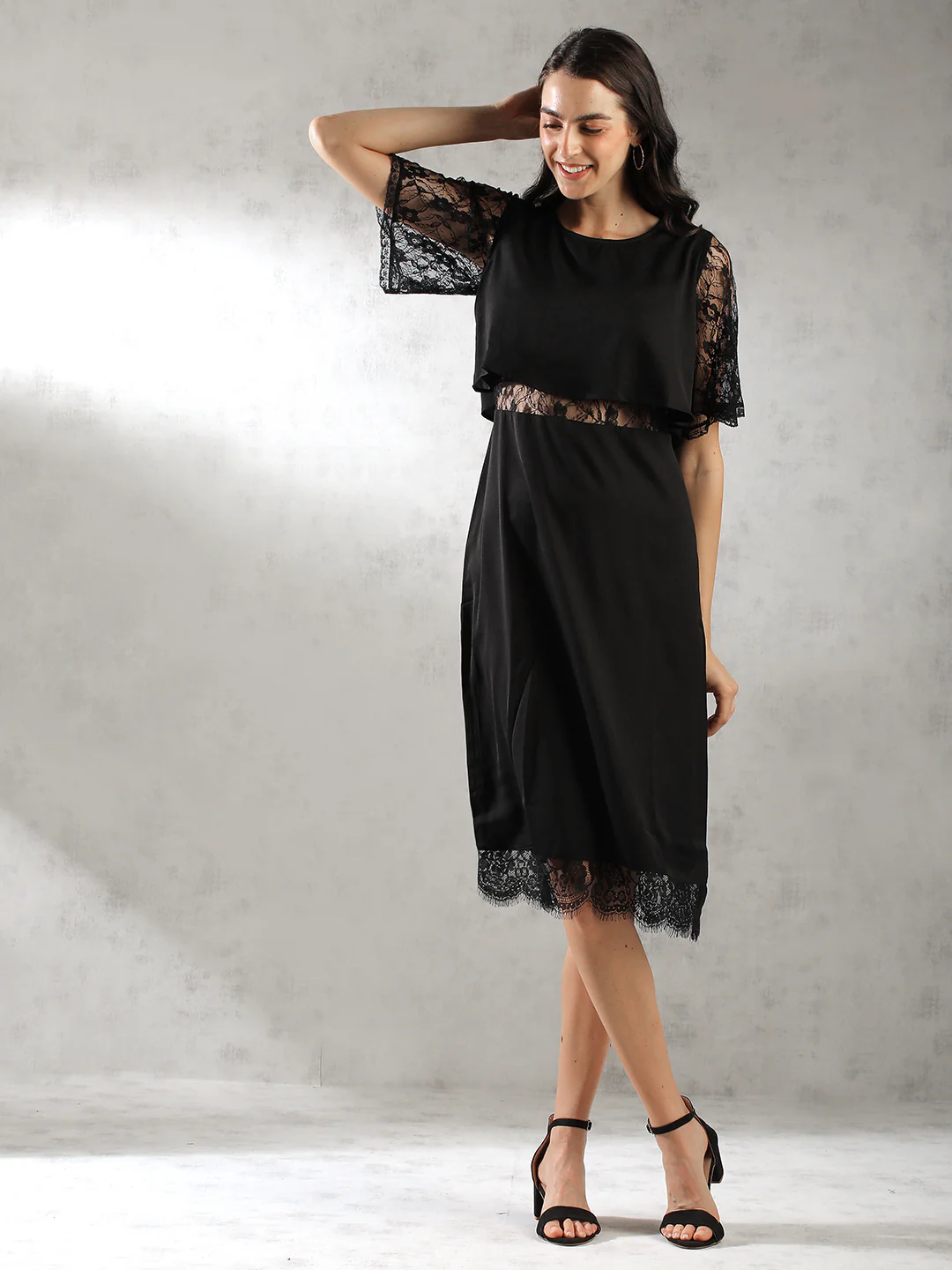 Women Black Lace Details Dress - Image 6