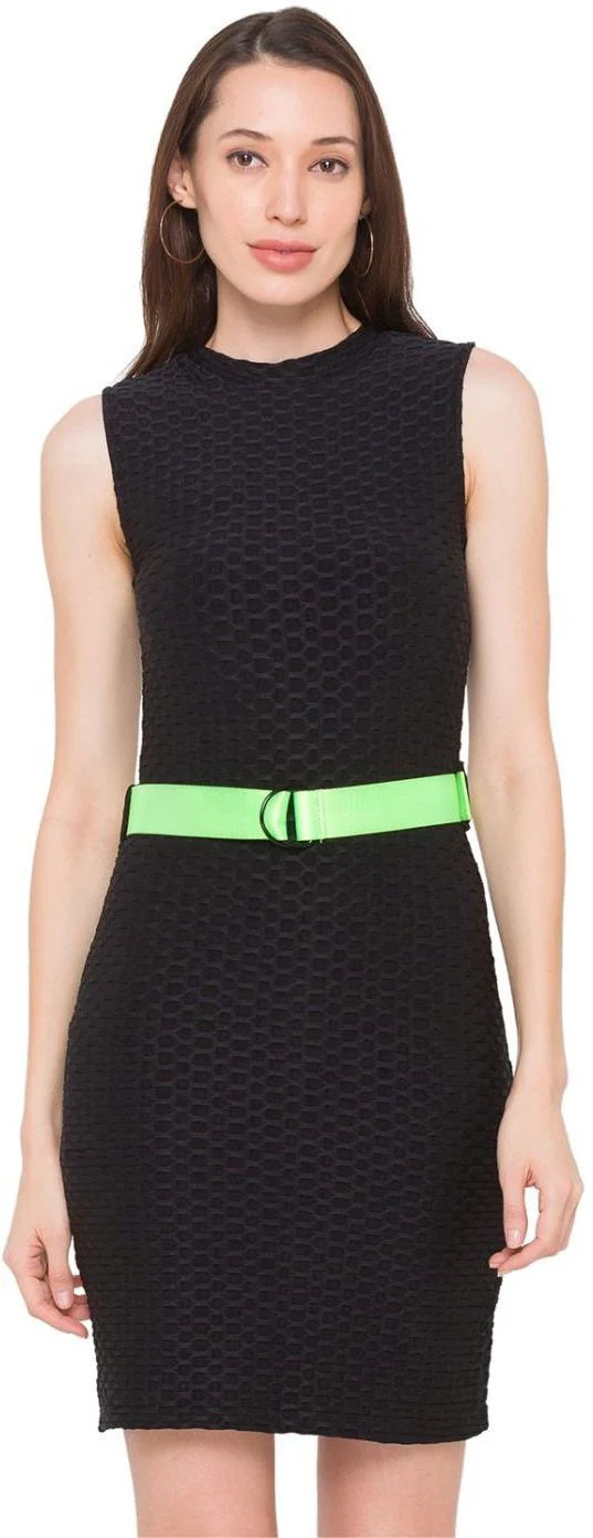 Women Black Solid With Belt Dress - Image 3