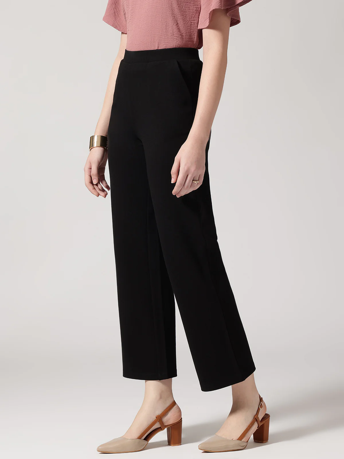 Women Black Solid High-Rise Trousers - Image 2
