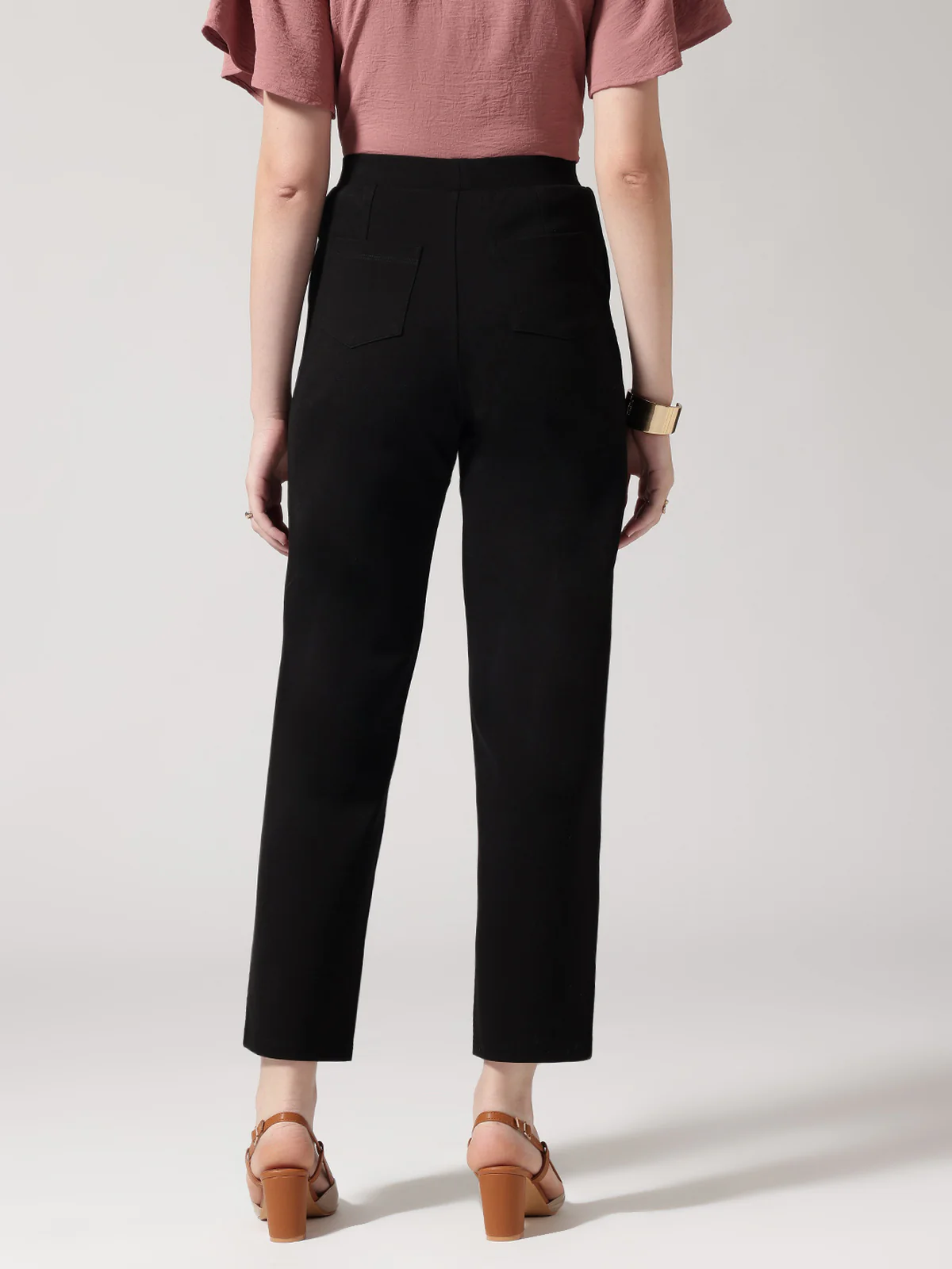 Women Black Solid High-Rise Trousers - Image 3