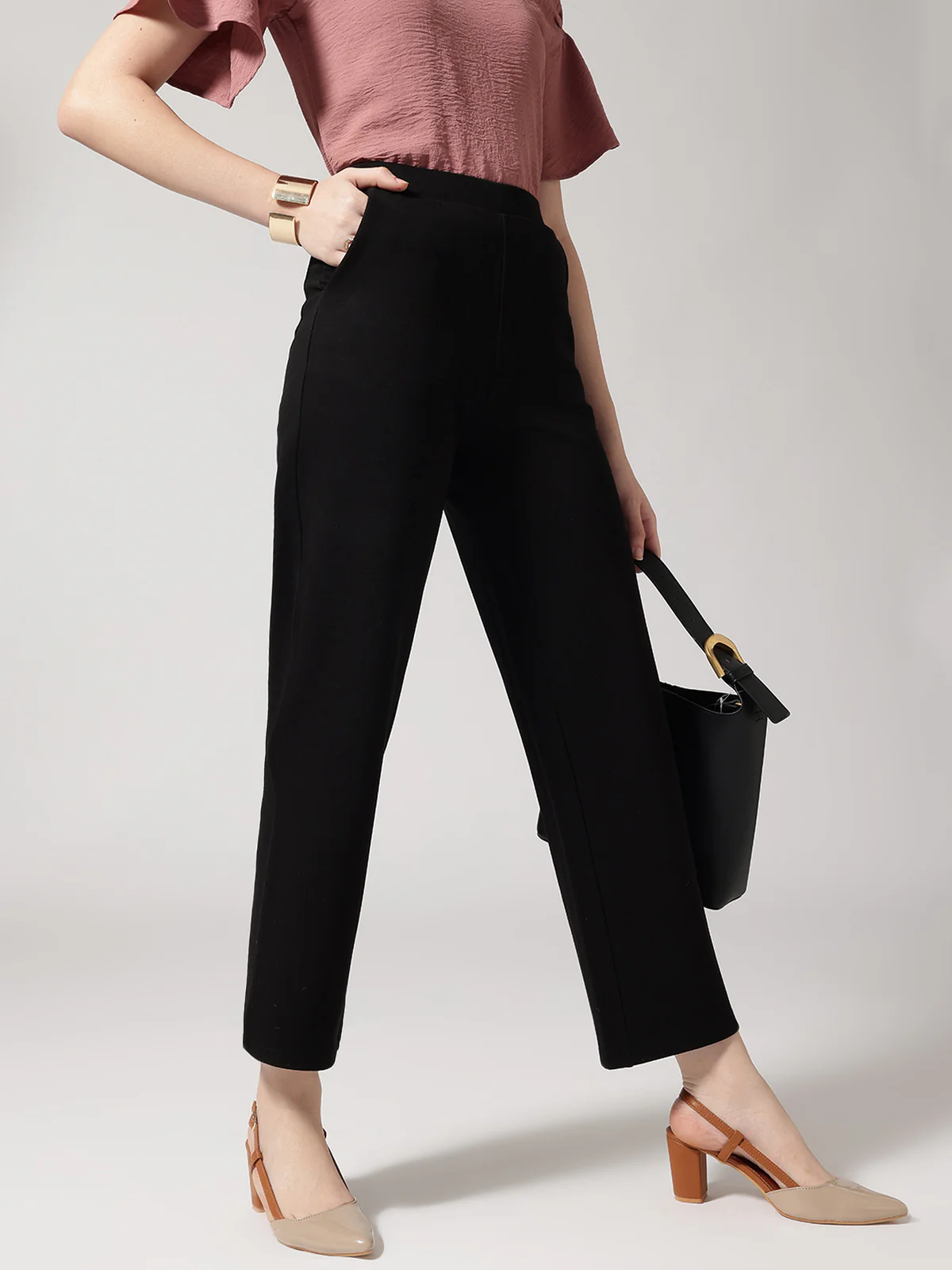 Women Black Solid High-Rise Trousers - Image 4