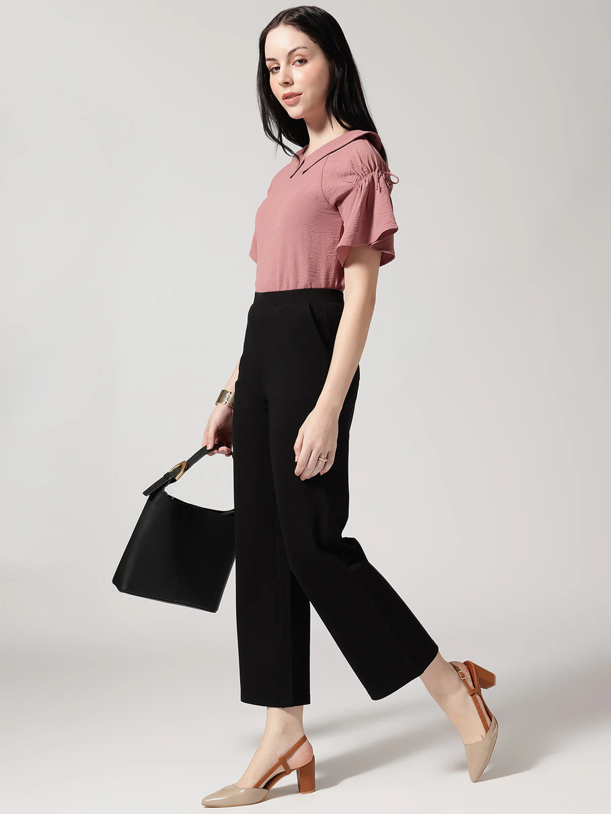 Women Black Solid High-Rise Trousers - Image 6
