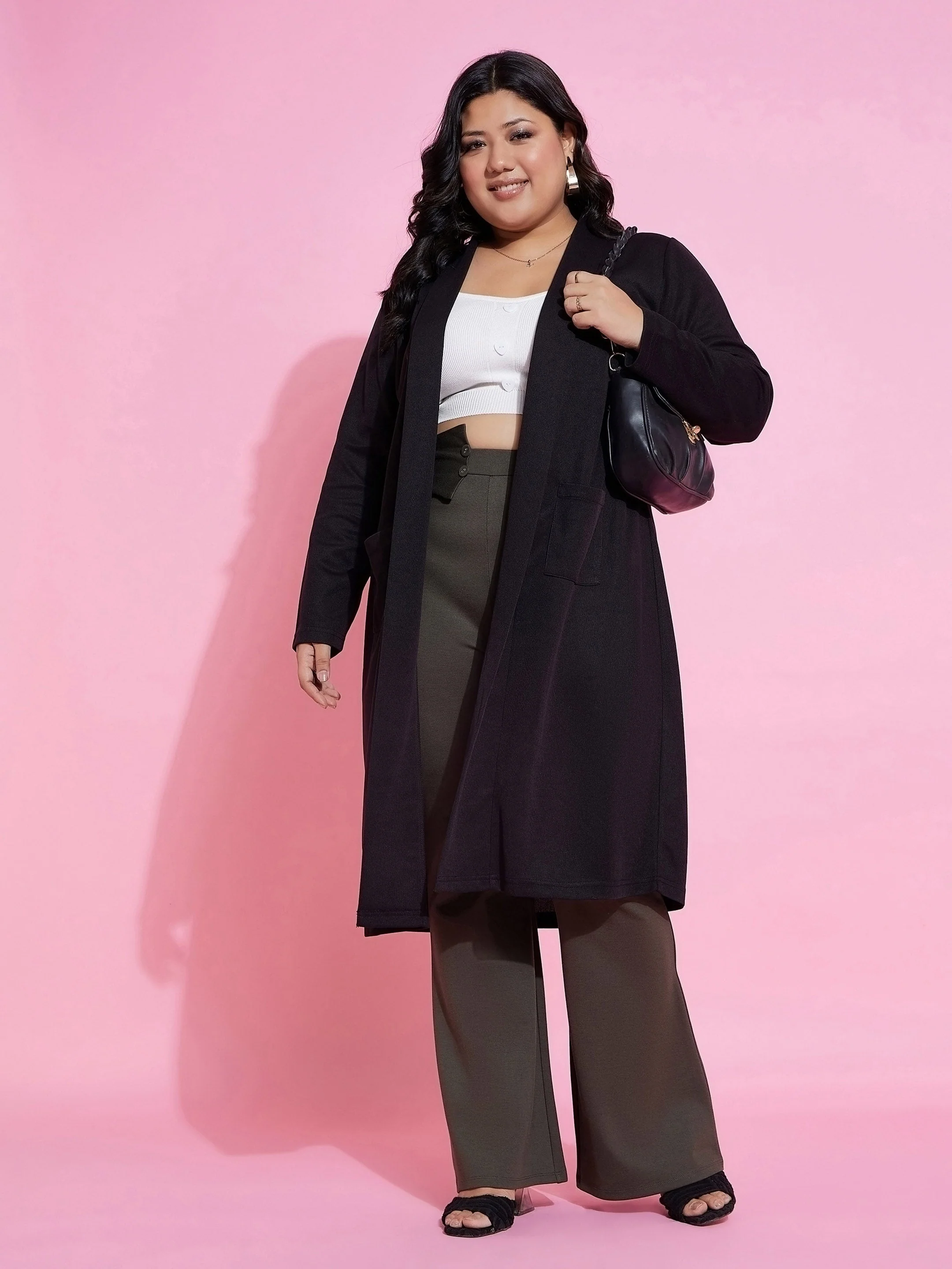 Women Black Solid Rib Front Open Shrug - Image 2
