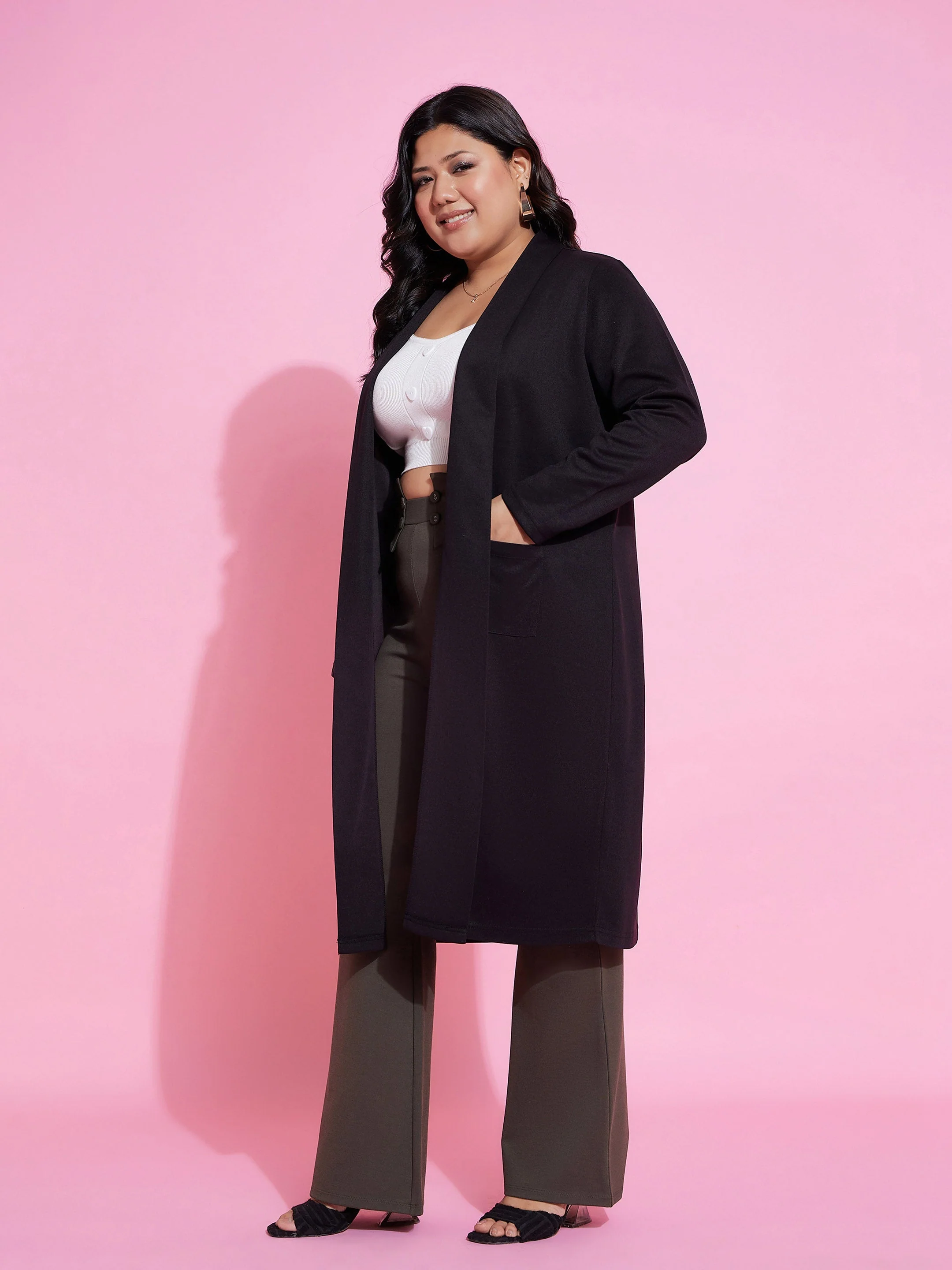 Women Black Solid Rib Front Open Shrug - Image 3