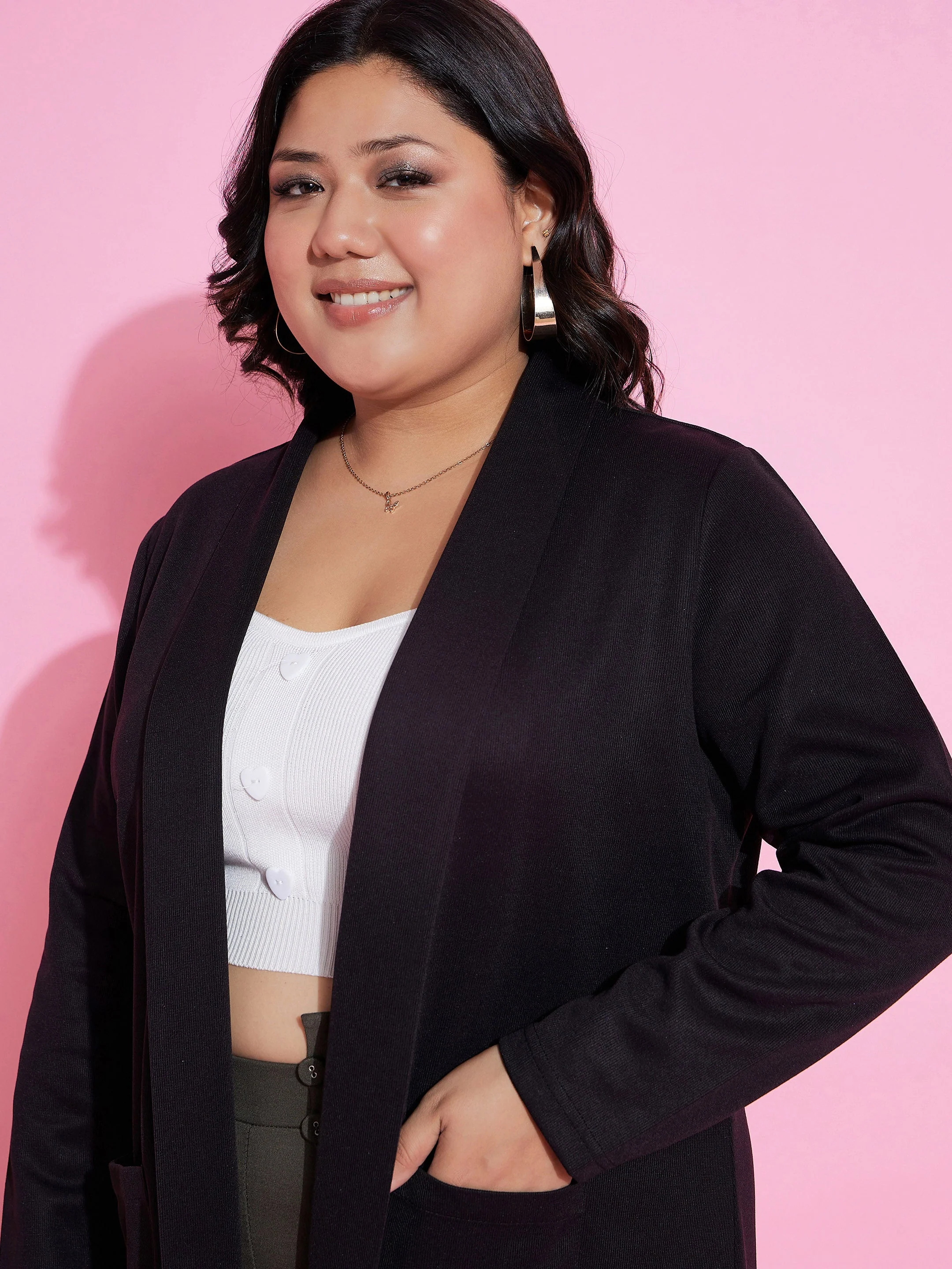 Women Black Solid Rib Front Open Shrug - Image 4