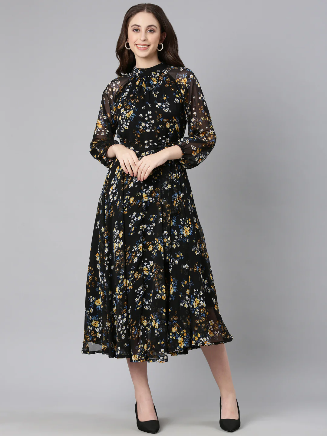 Women Black Floral Chiffon Dress - Image 10