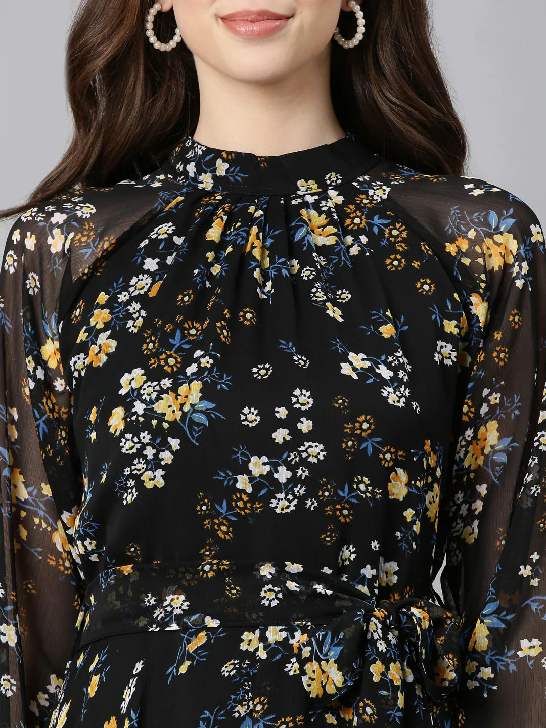 Women Black Floral Chiffon Dress - Image 11