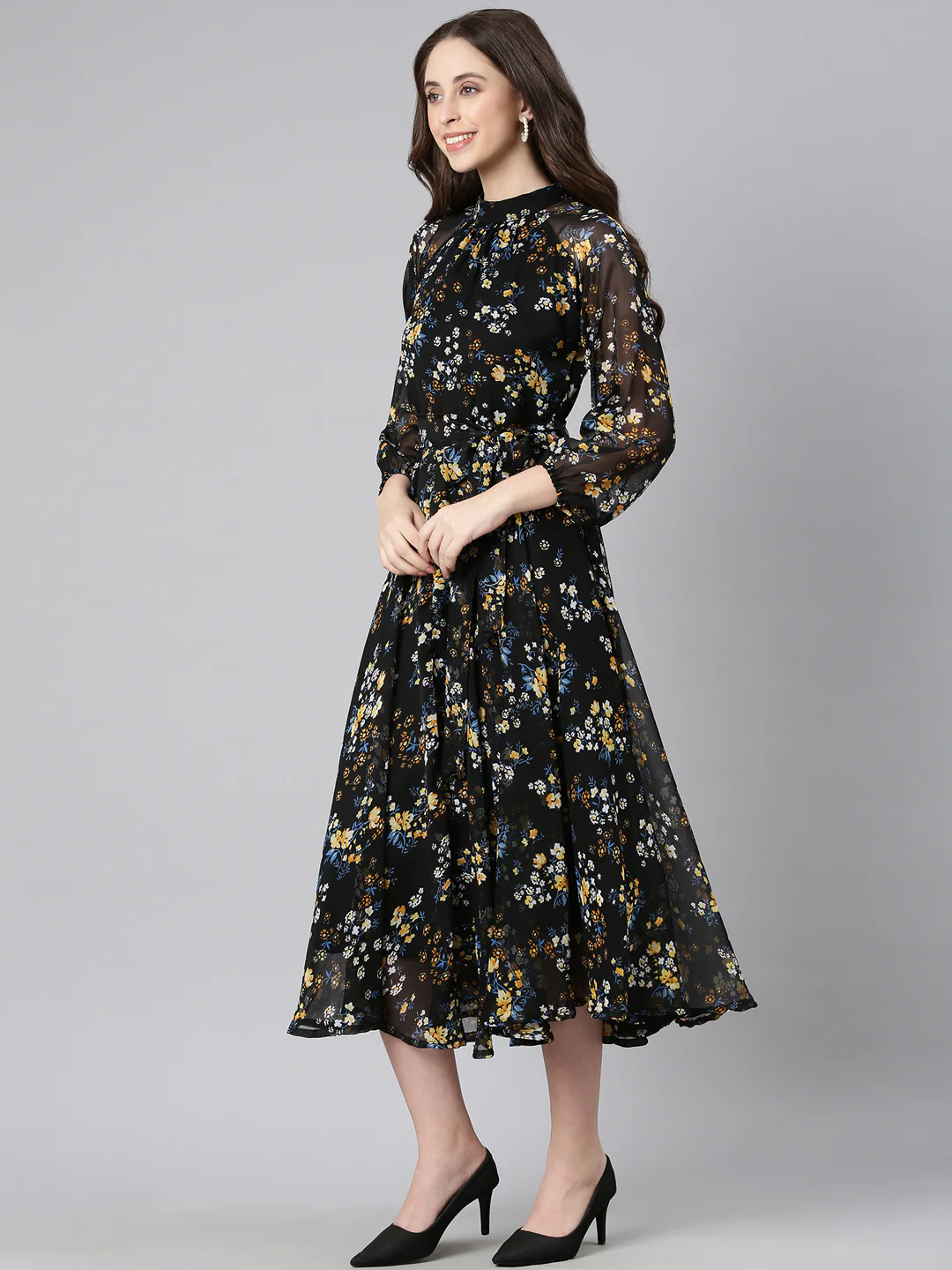 Women Black Floral Chiffon Dress - Image 12