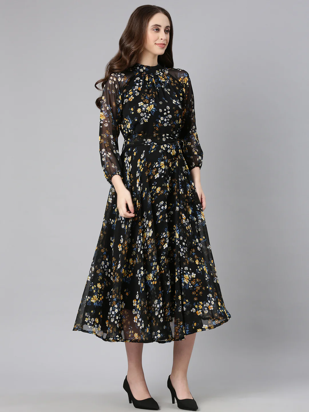 Women Black Floral Chiffon Dress - Image 13