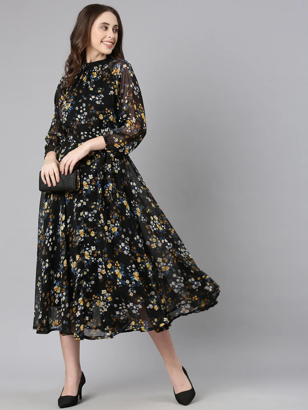Women Black Floral Chiffon Dress - Image 14