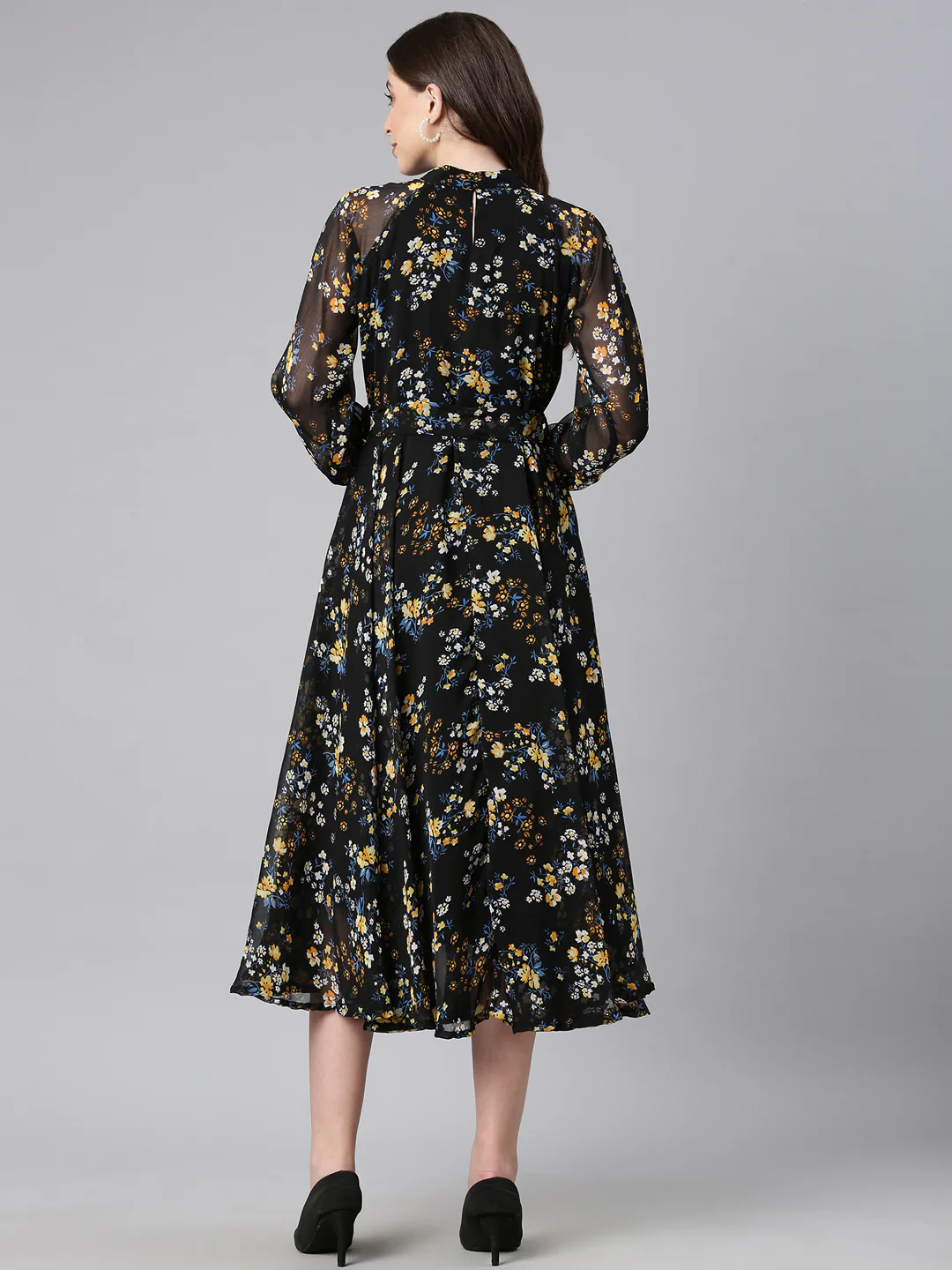 Women Black Floral Chiffon Dress - Image 2