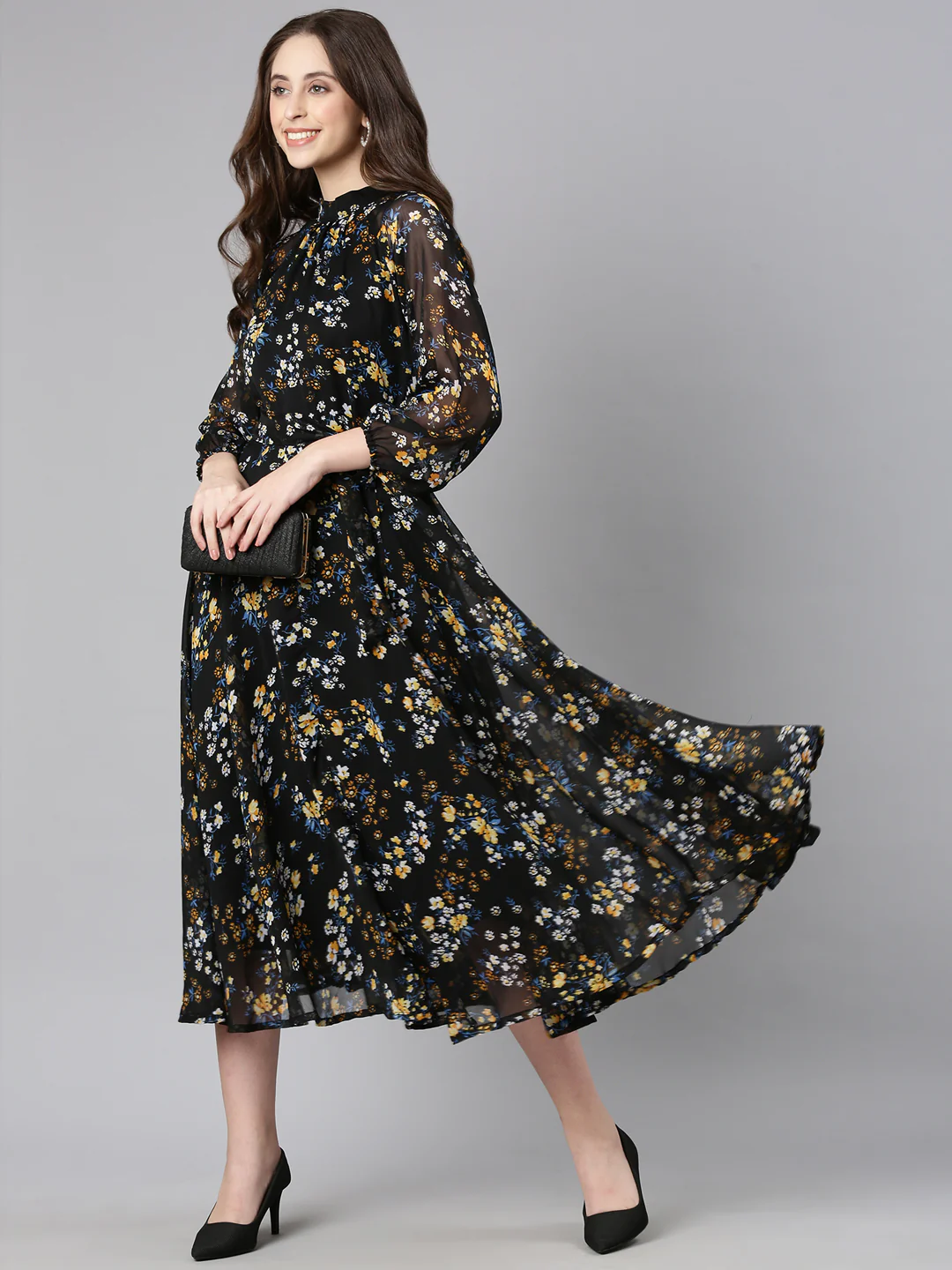 Women Black Floral Chiffon Dress - Image 3