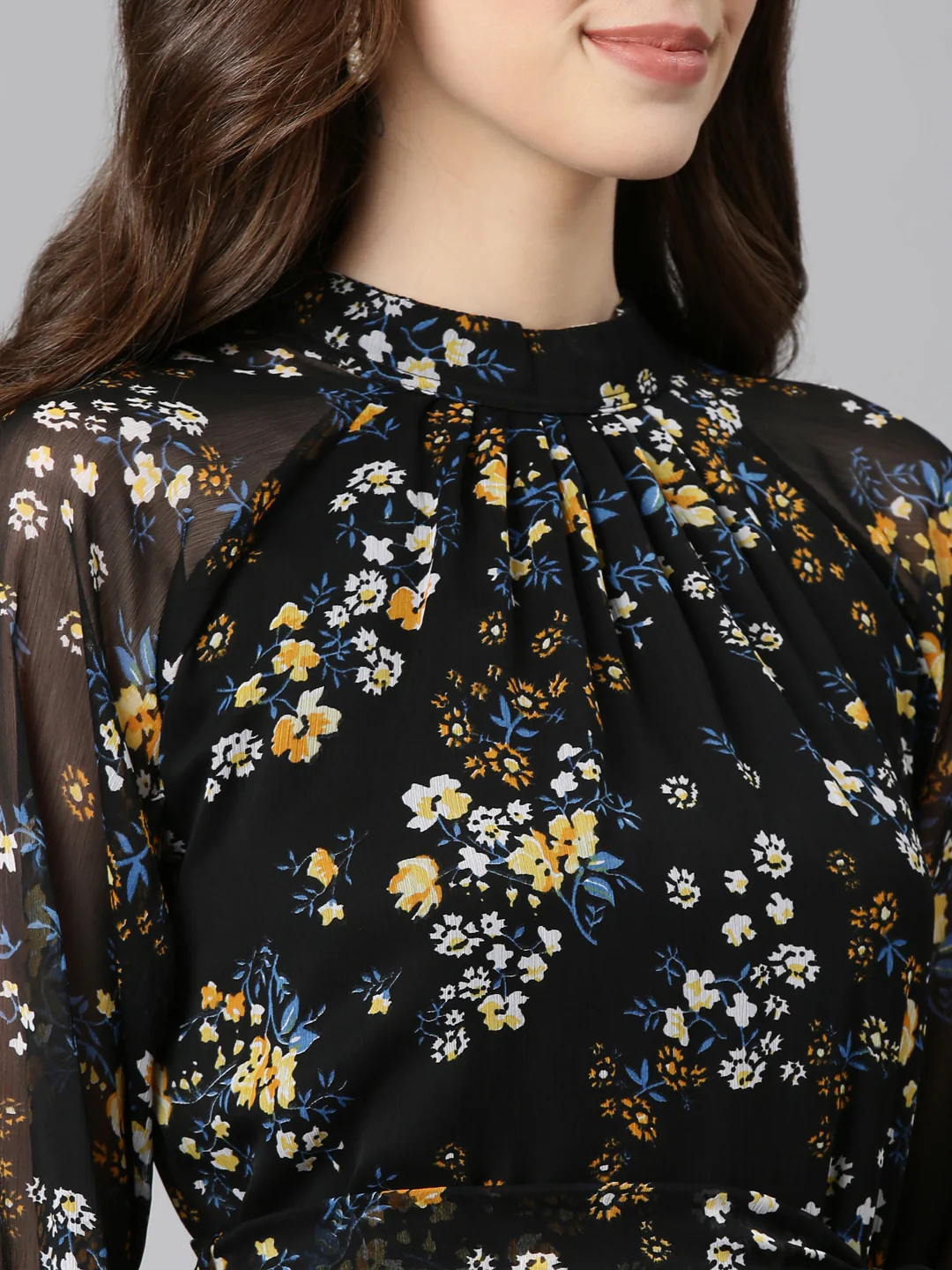 Women Black Floral Chiffon Dress - Image 4