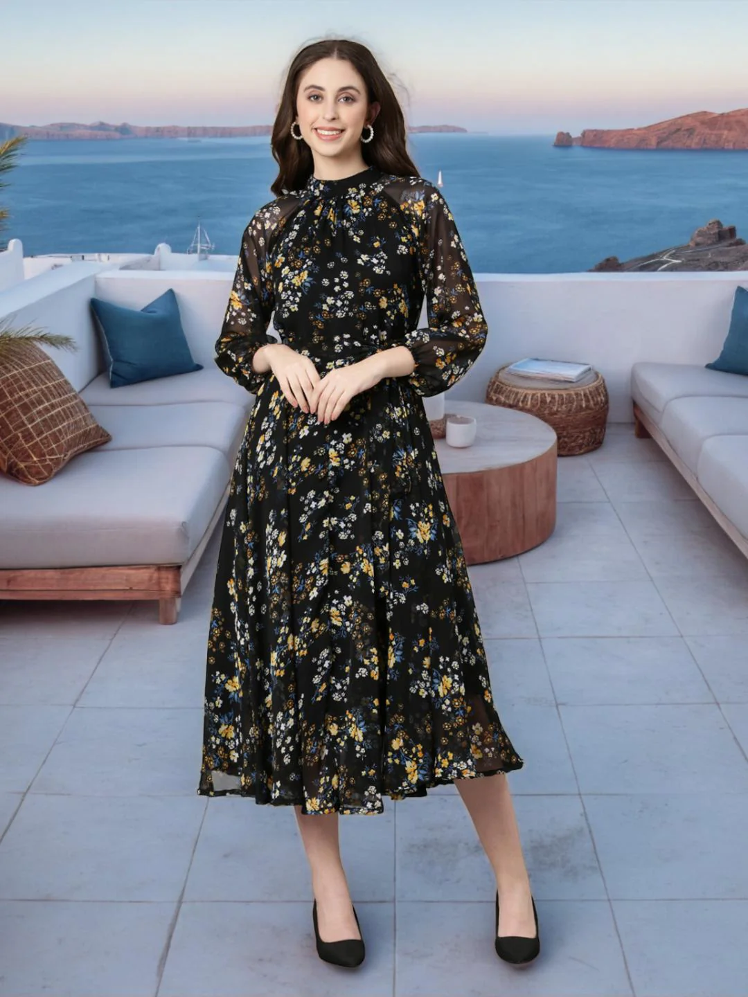 Women Black Floral Chiffon Dress - Image 5