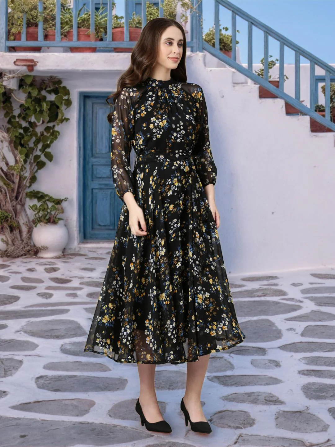 Women Black Floral Chiffon Dress - Image 6