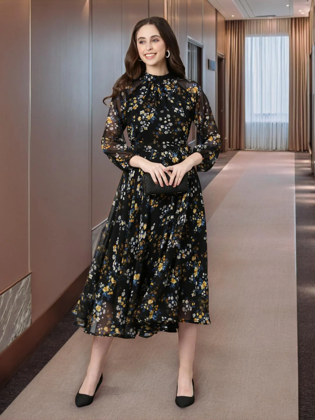 Women Black Floral Chiffon Dress - Image 7