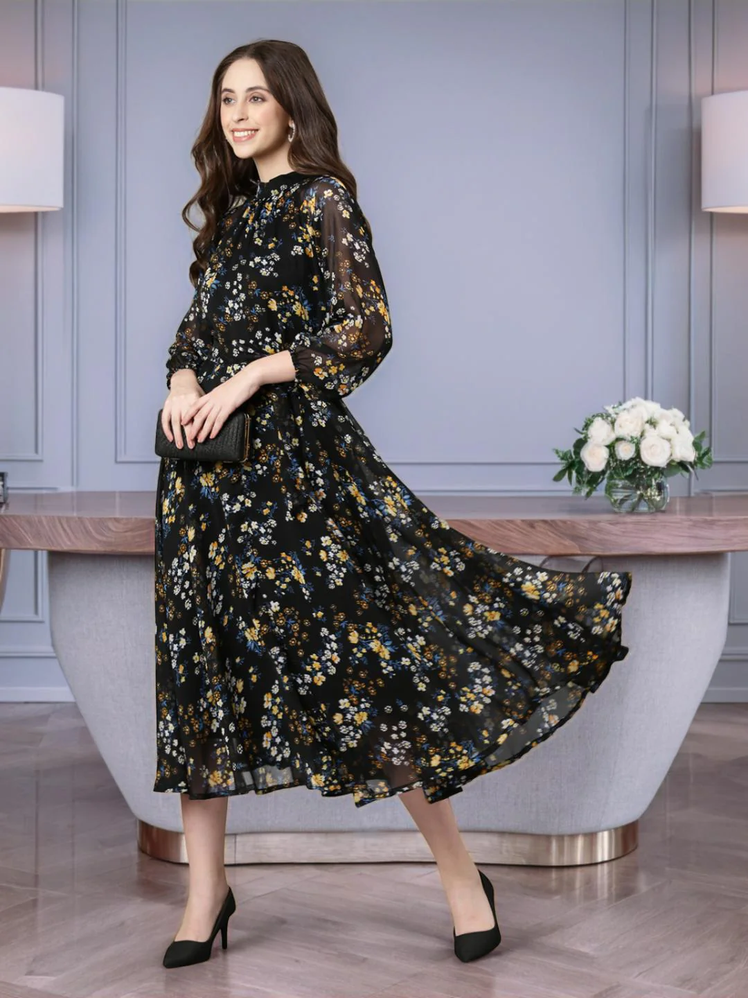 Women Black Floral Chiffon Dress - Image 8