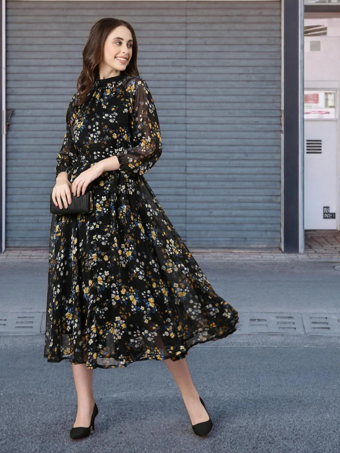 Women Black Floral Chiffon Dress - Image 9