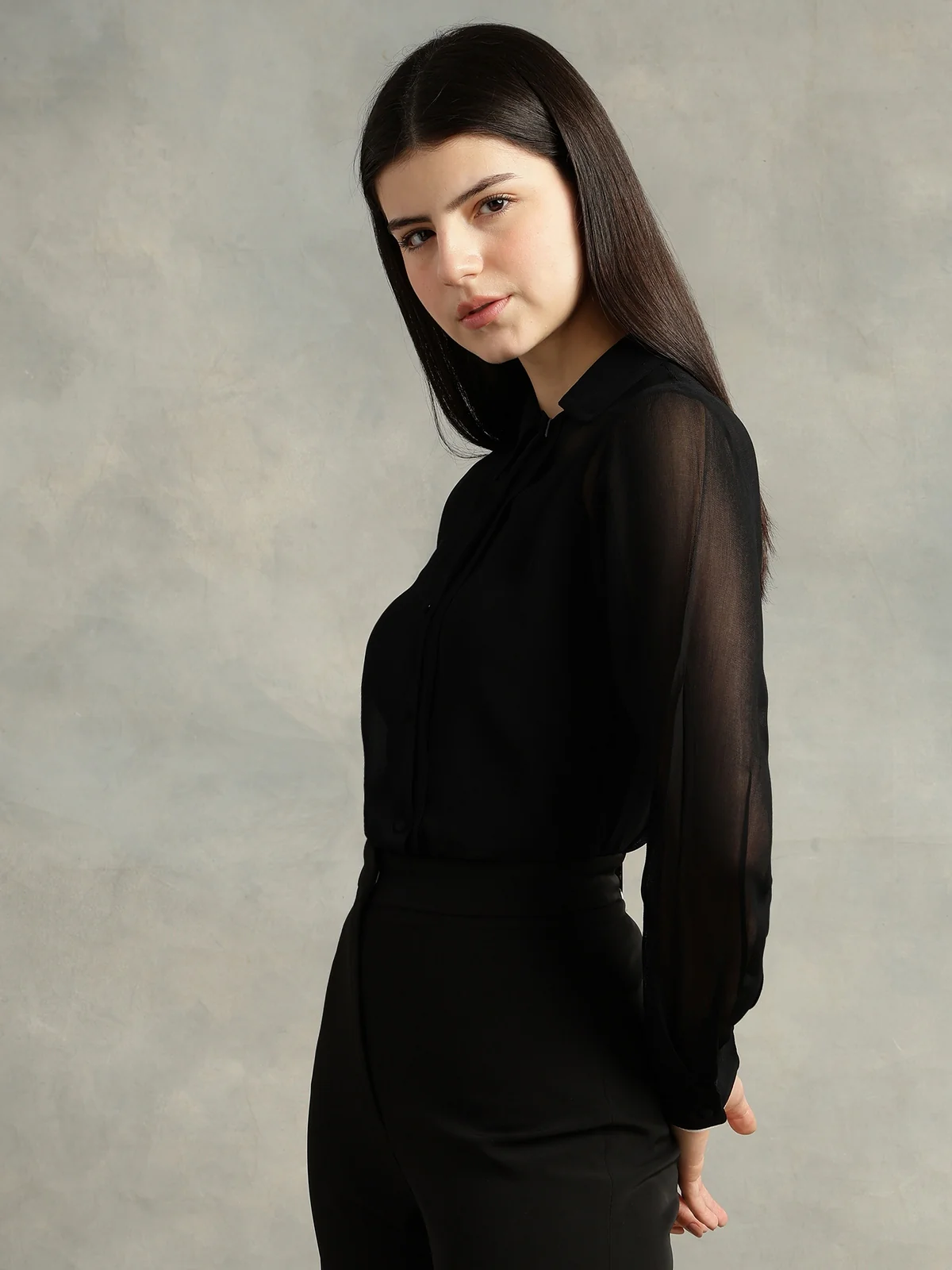 Women Black Spread Collar Long Sleeves Shirts - Image 2