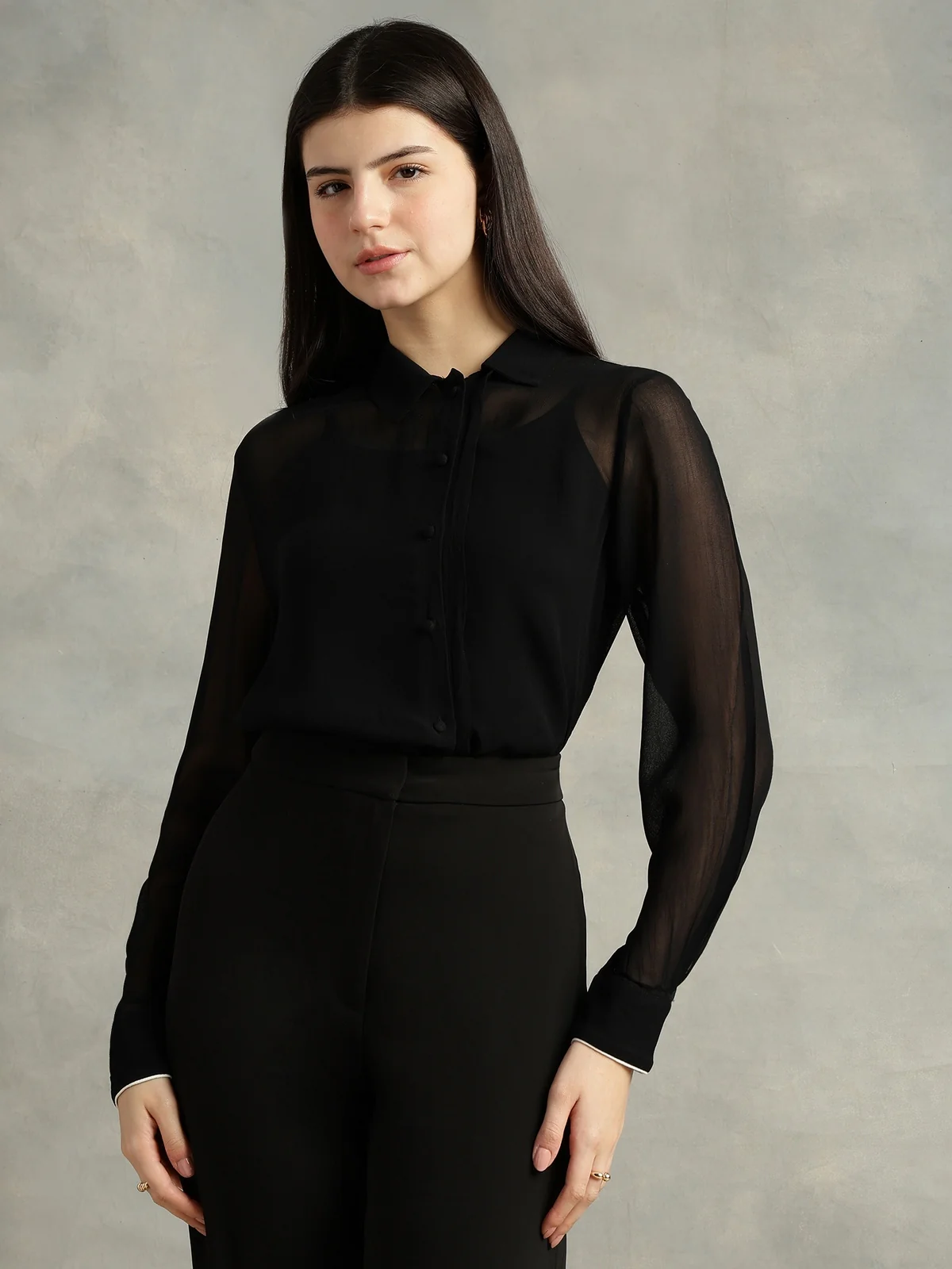Women Black Spread Collar Long Sleeves Shirts - Image 3